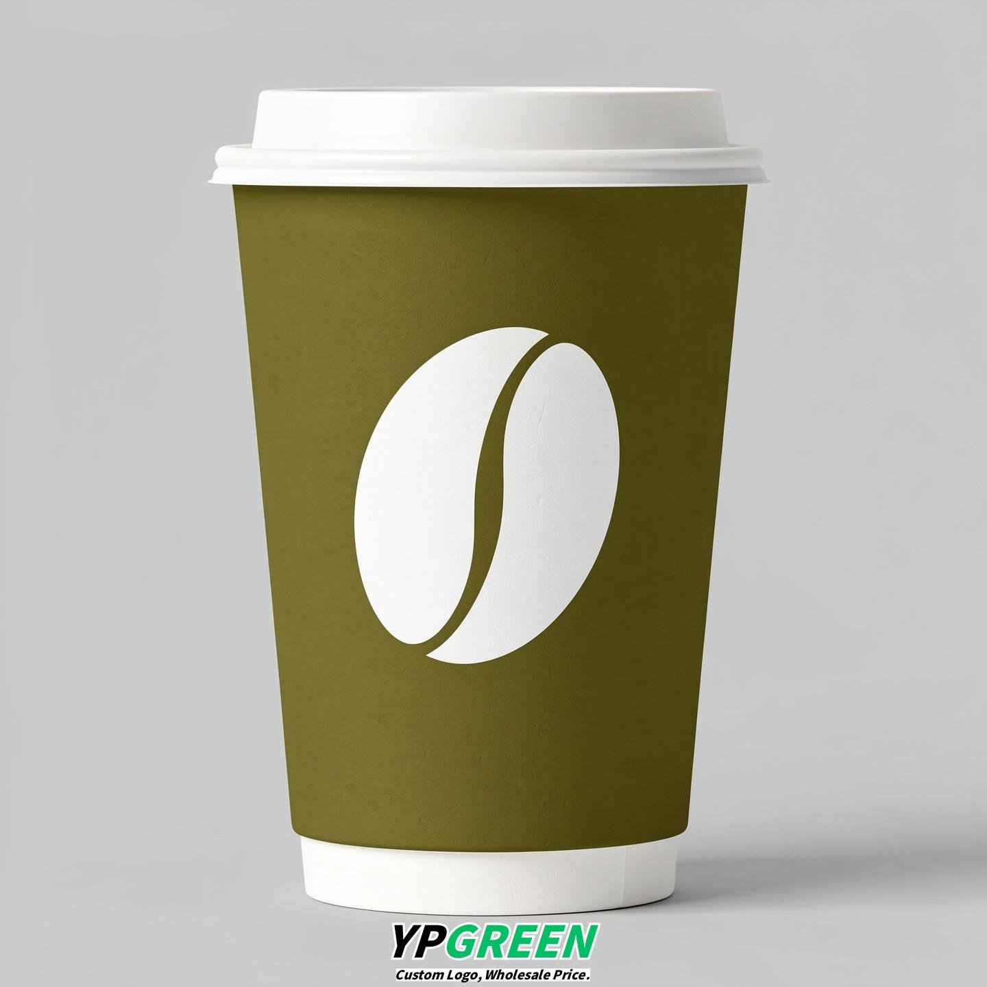 Olive Paper Coffee Cups with Coffee Bean Logo & Lids | 12-16oz