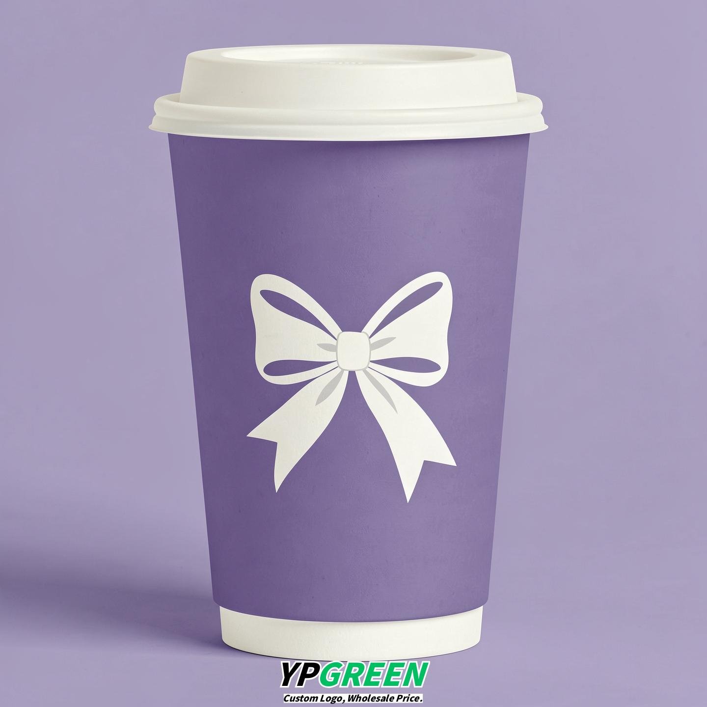 Periwinkle Paper Cups with Bow Logo & Lids 8-24oz