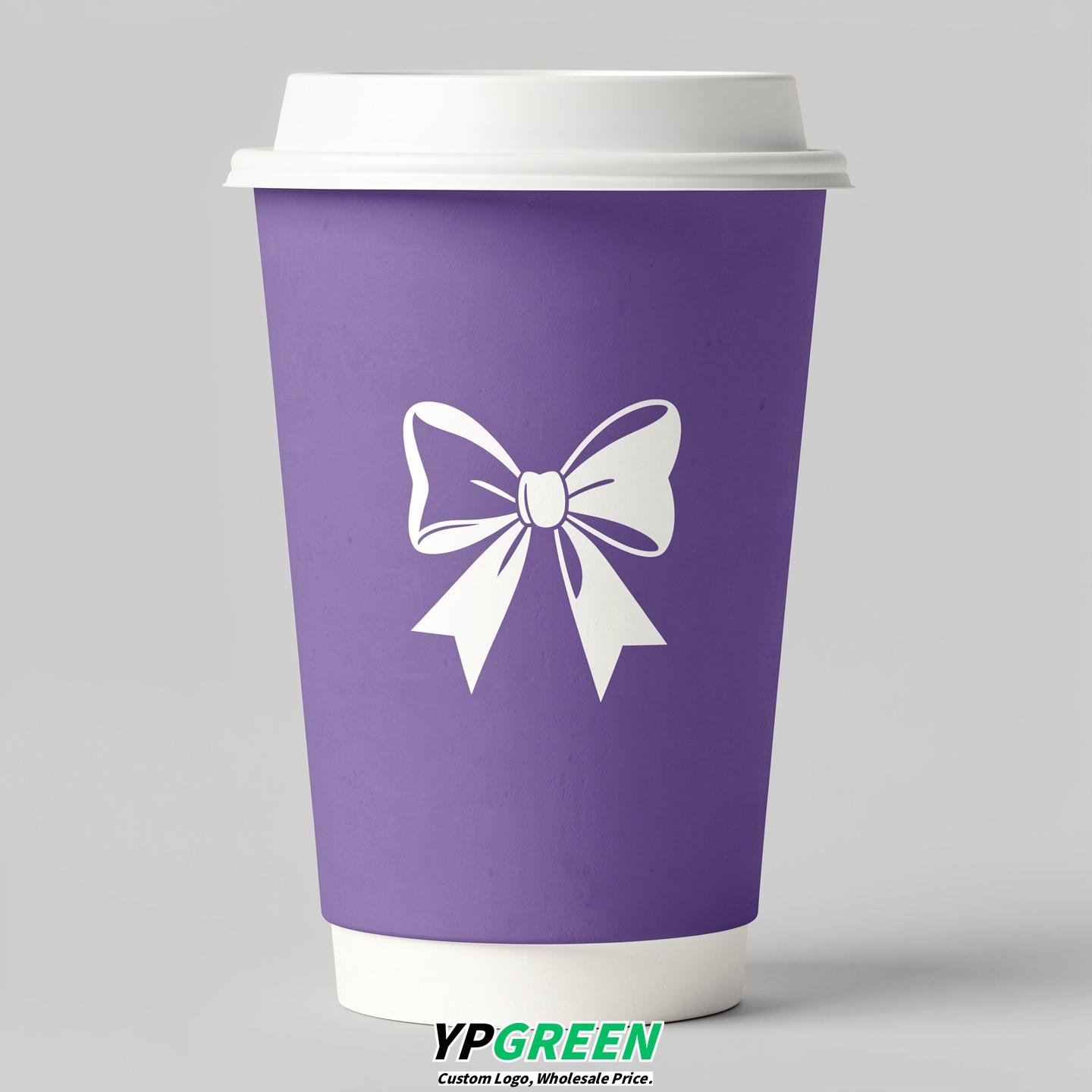 Periwinkle Paper Cups with Bow Logo & Lids 8-24oz