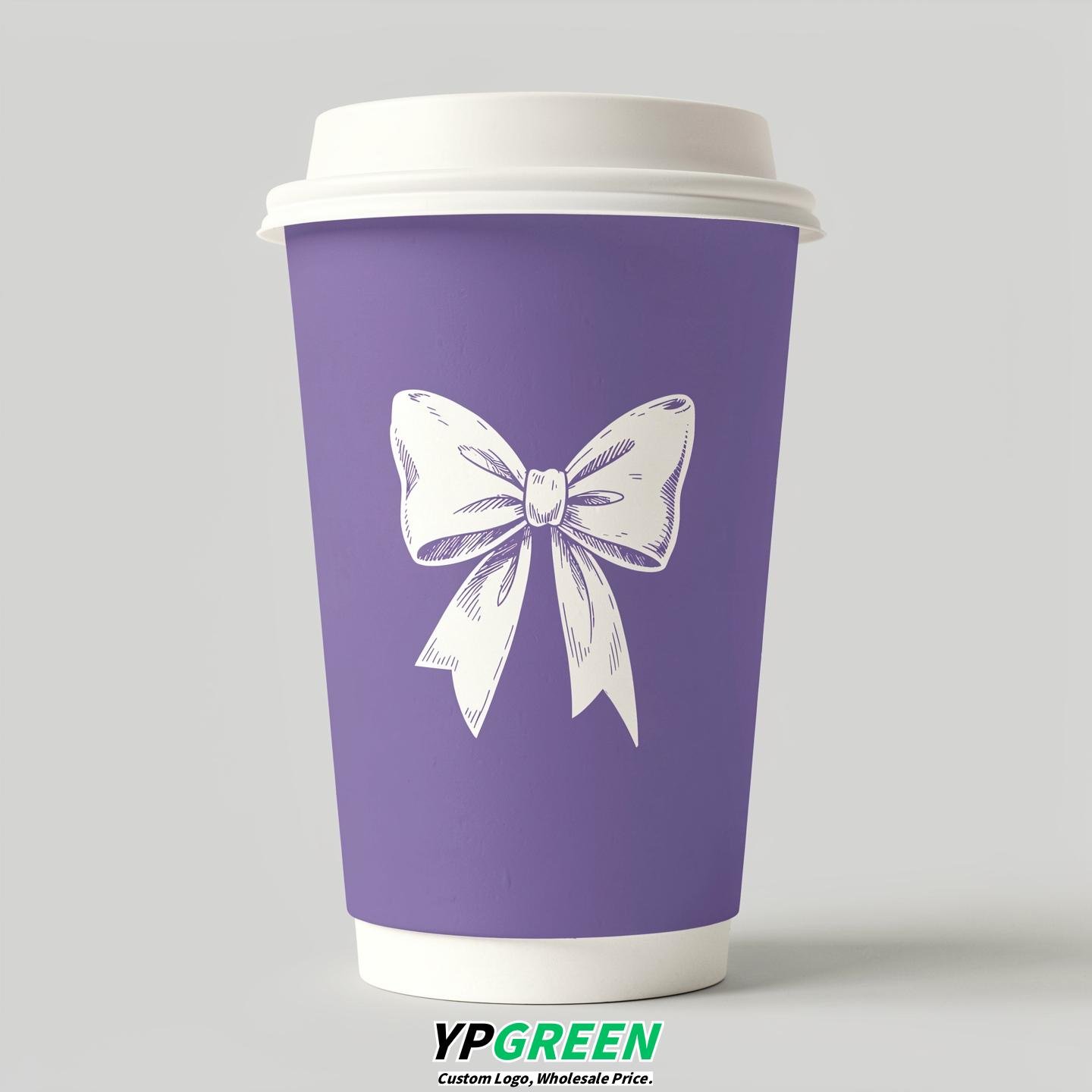 Periwinkle Paper Cups with Bow Logo & Lids 8-24oz