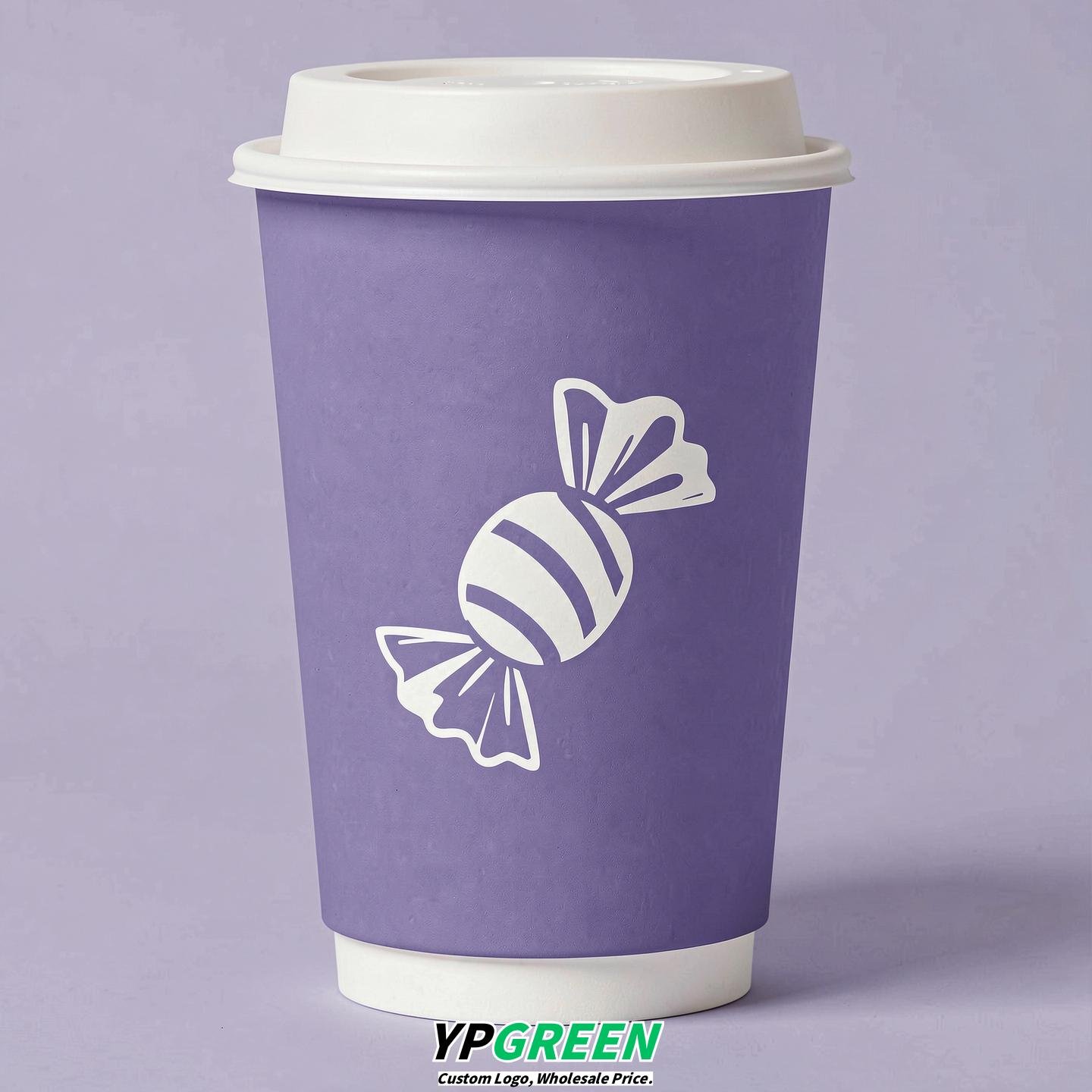 Periwinkle Paper Cups with Candy Logo & Lids 8-24oz