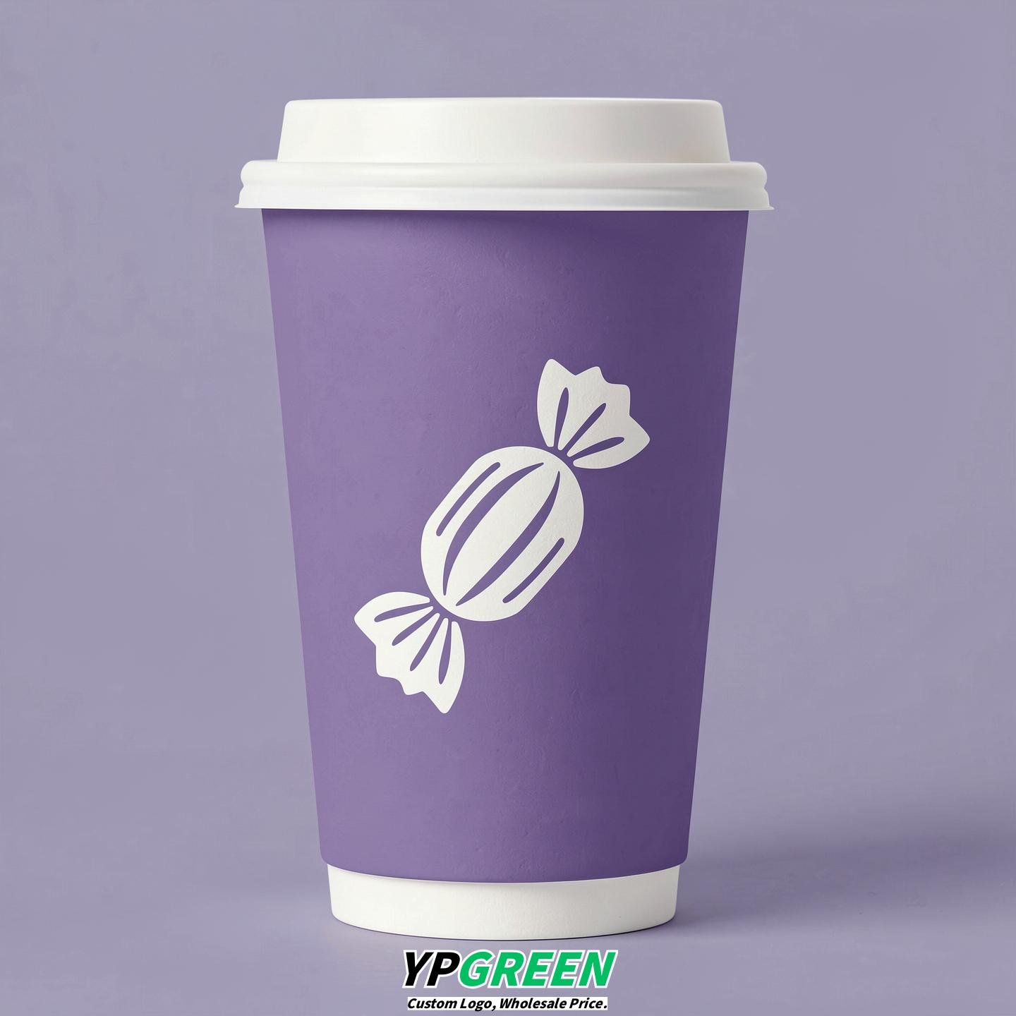 Periwinkle Paper Cups with Candy Logo & Lids 8-24oz