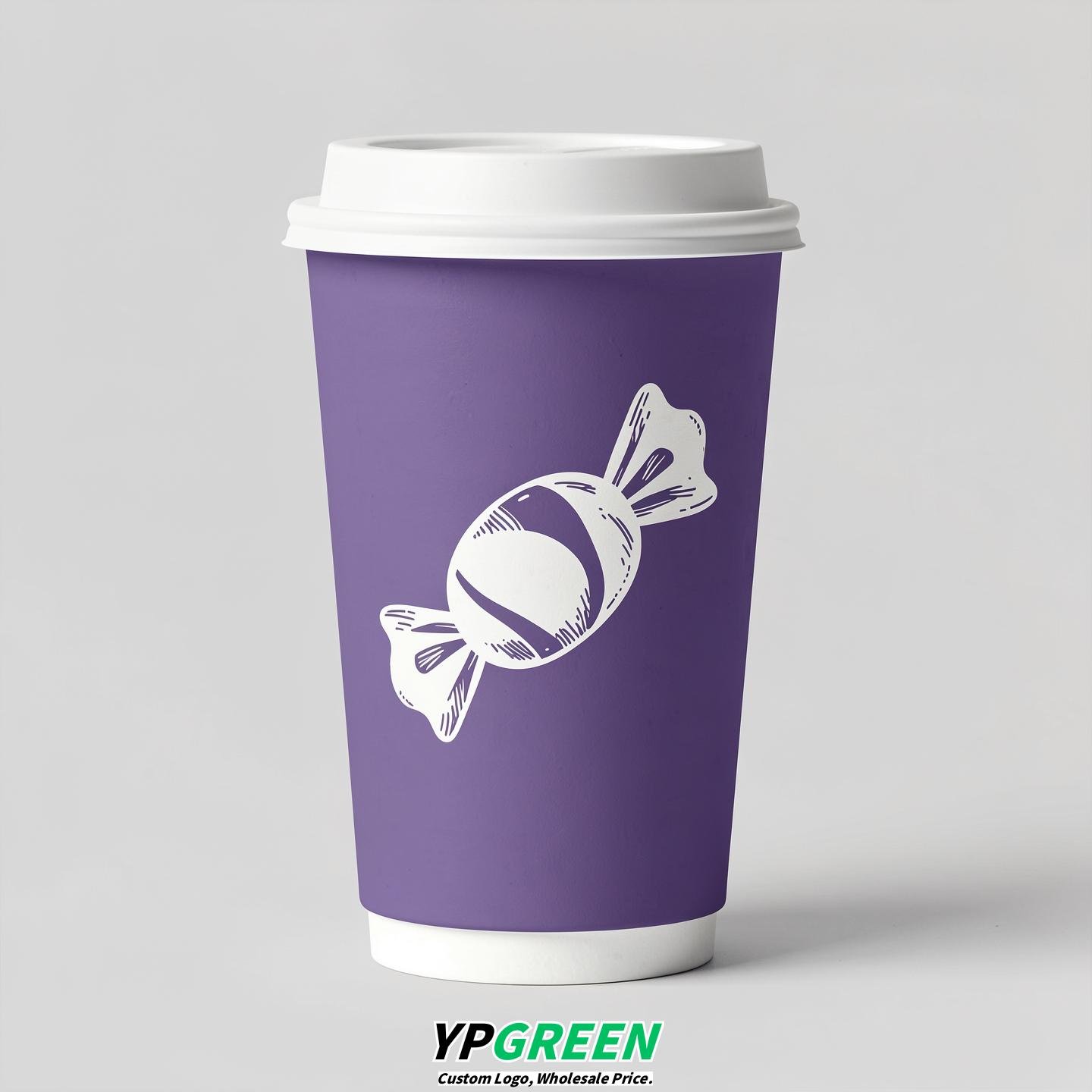 Periwinkle Paper Cups with Candy Logo & Lids 8-24oz