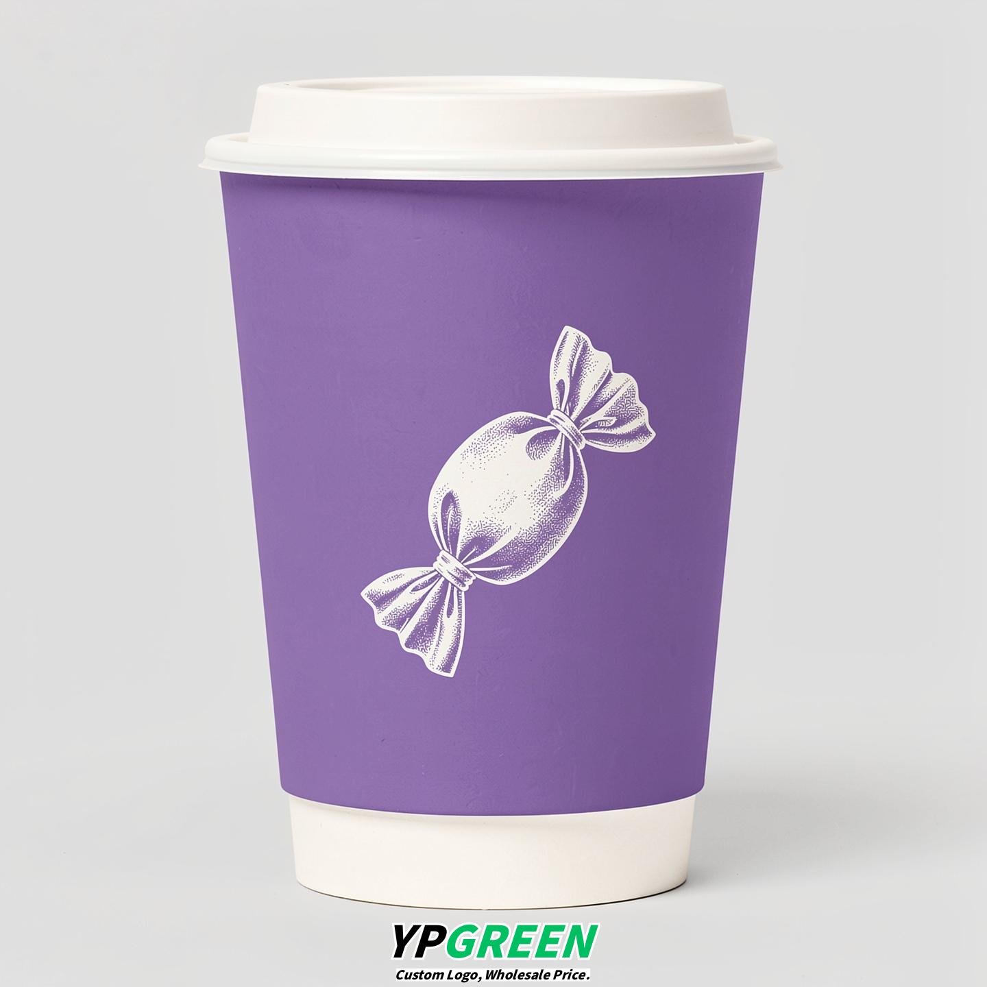 Periwinkle Paper Cups with Candy Logo & Lids 8-24oz