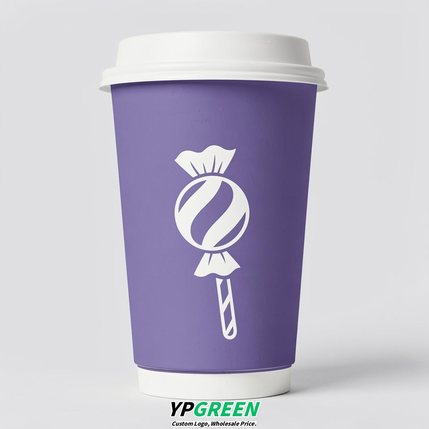 Periwinkle Paper Cups with Candy Logo & Lids 8-24oz
