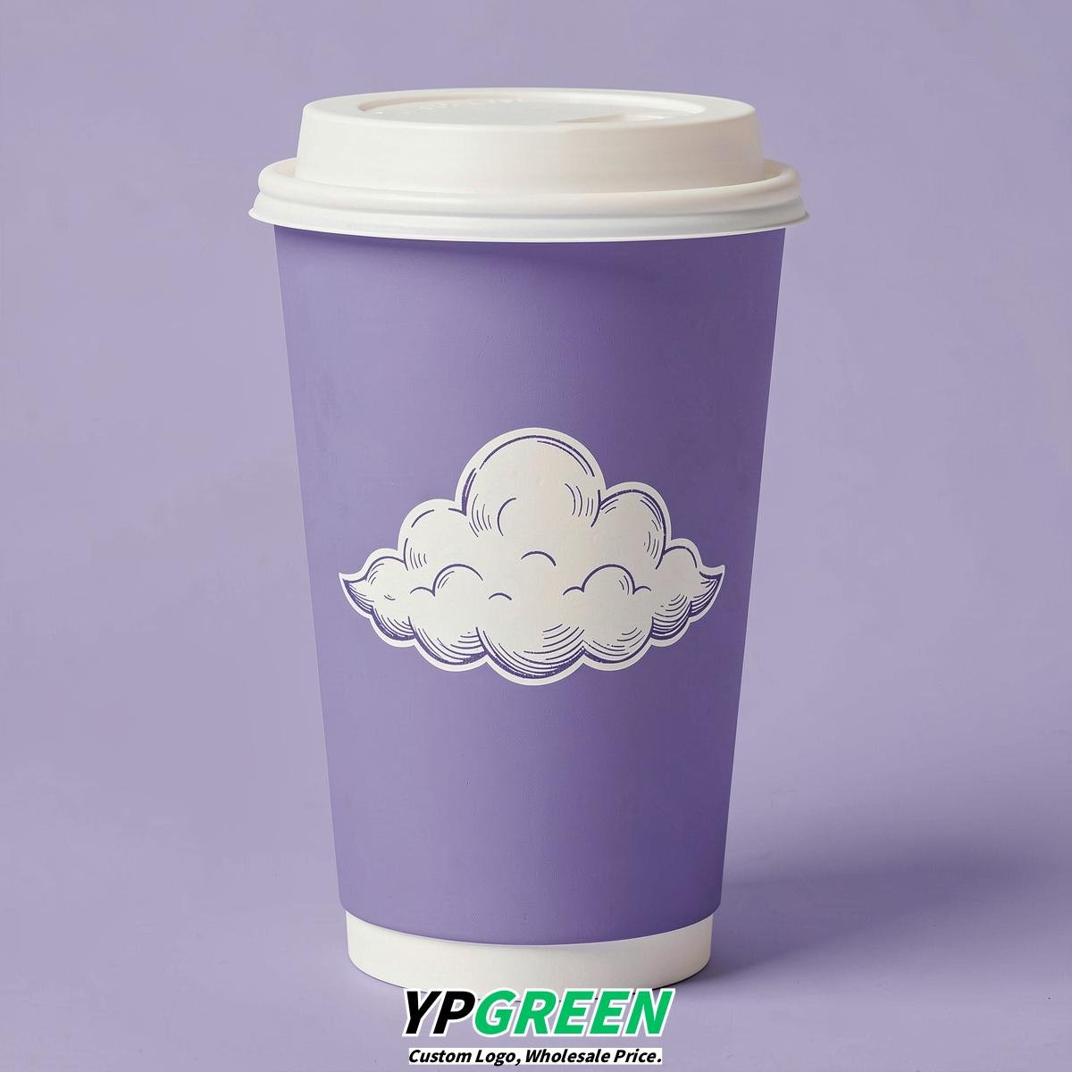 Periwinkle Paper Cups with Clouds Logo & Lids 8-24oz
