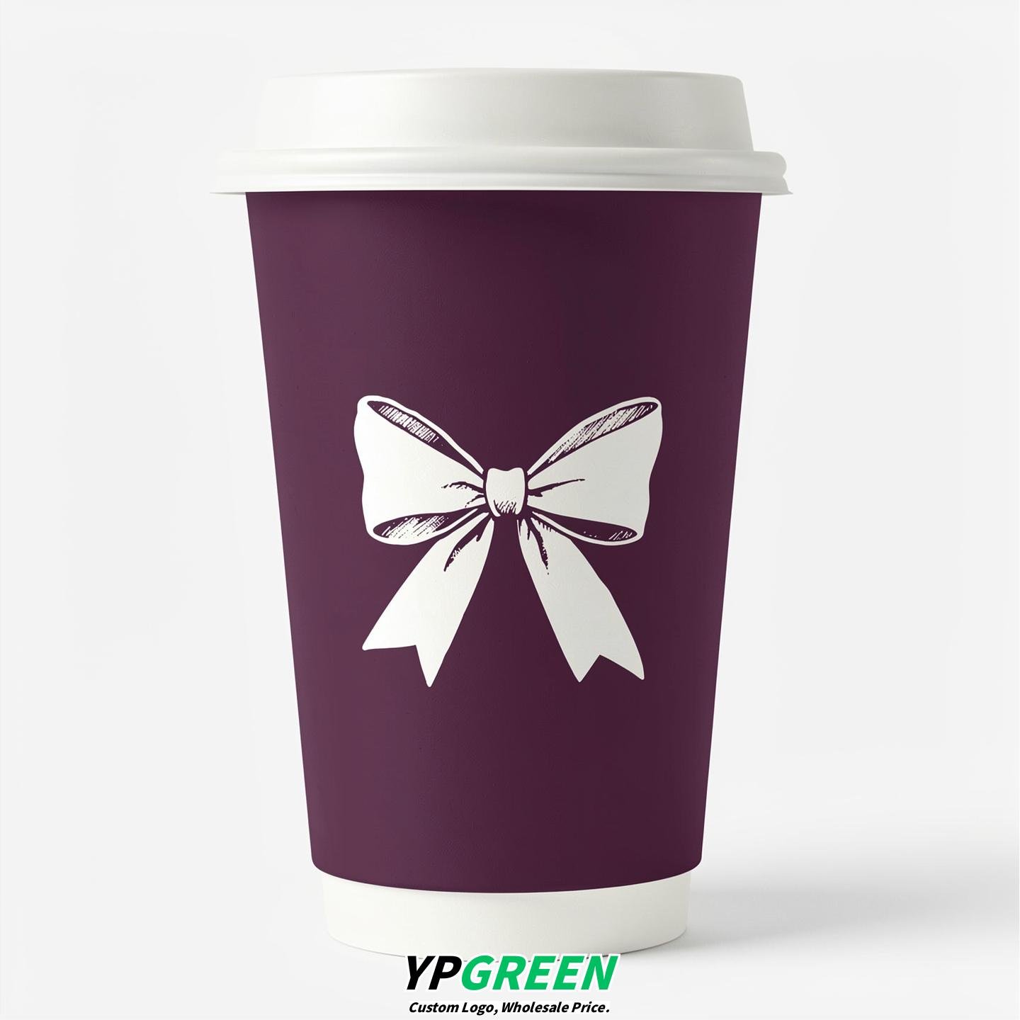 Plum Paper Cups with Bow Logo & Lids 8-24oz