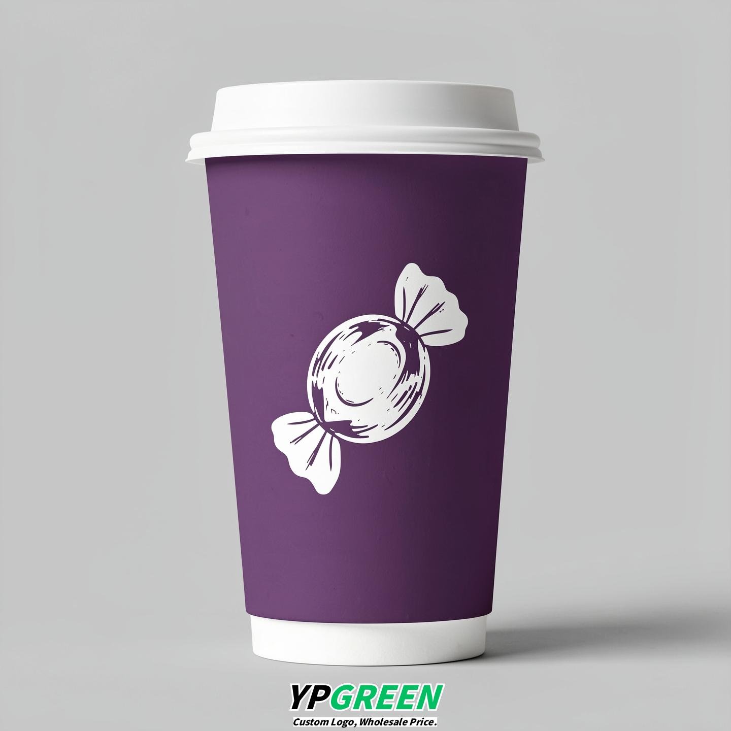 Plum Paper Cups with Candy Logo & Lids 8-24oz