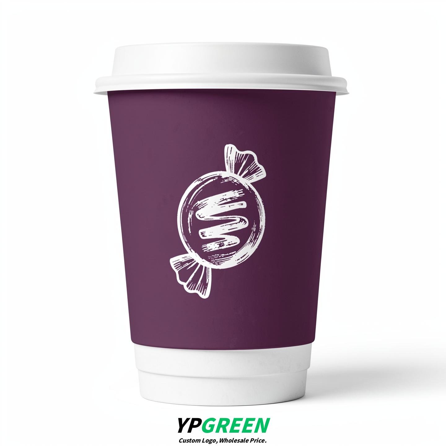 Plum Paper Cups with Candy Logo & Lids 8-24oz