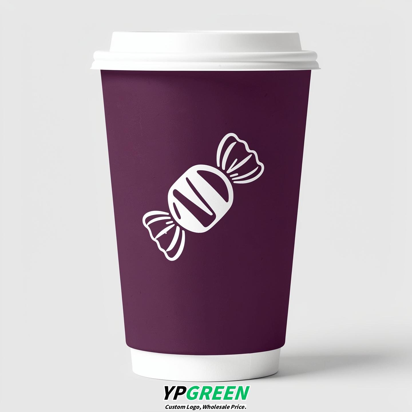 Plum Paper Cups with Candy Logo & Lids 8-24oz