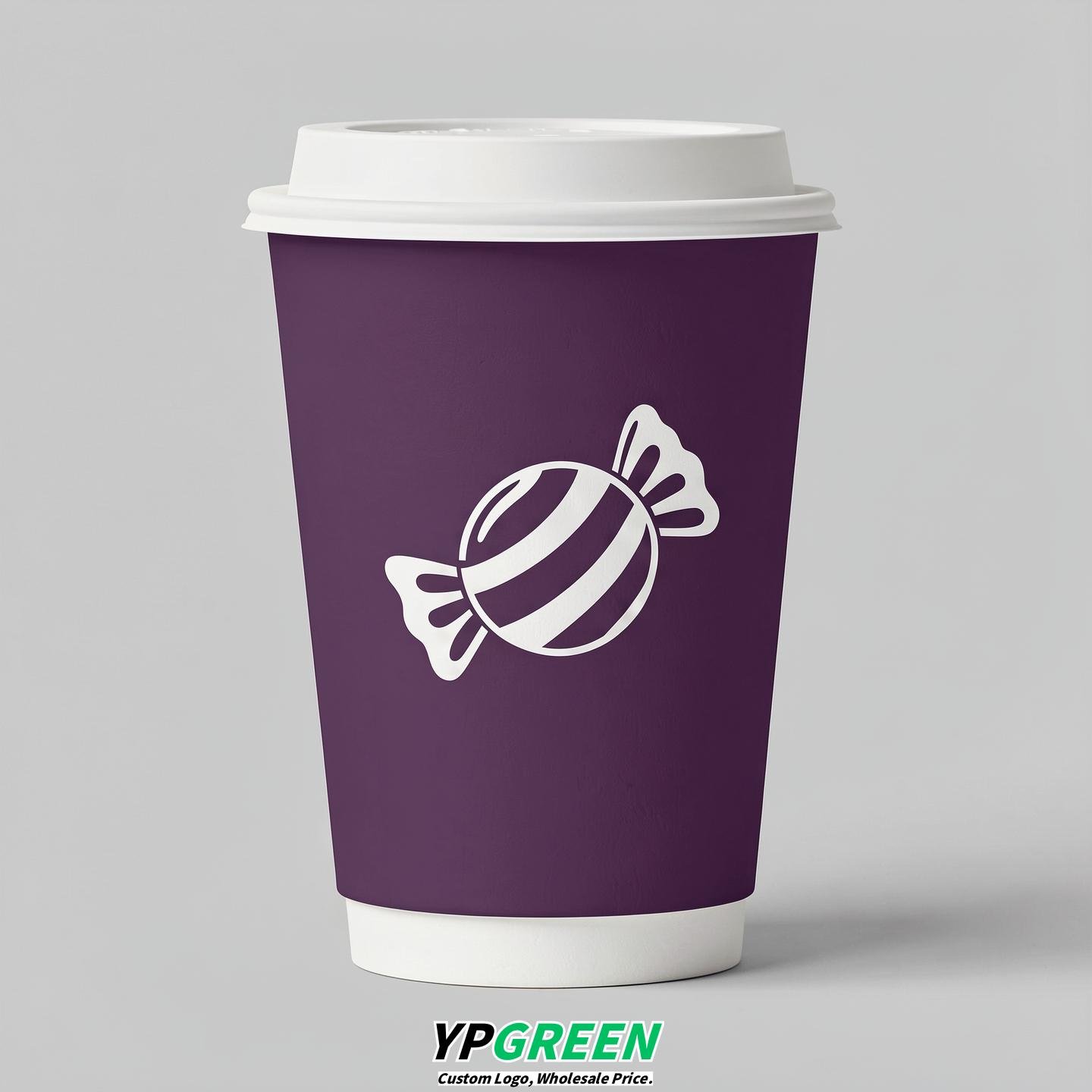 Plum Paper Cups with Candy Logo & Lids 8-24oz