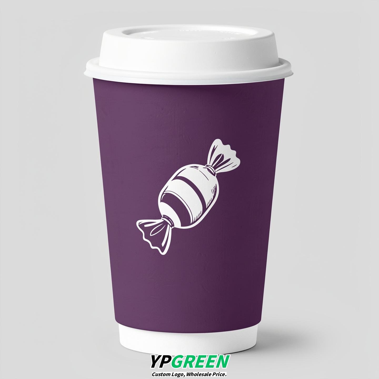 Plum Paper Cups with Candy Logo & Lids 8-24oz