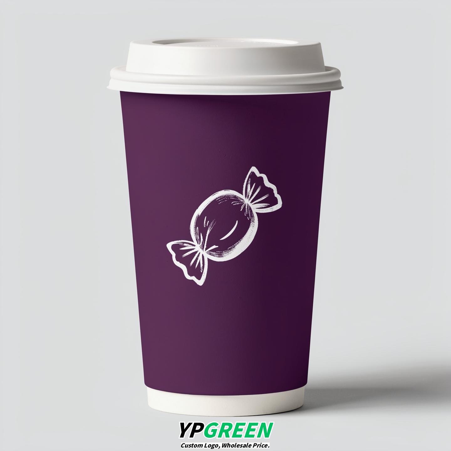 Plum Paper Cups with Candy Logo & Lids 8-24oz Plum Paper Cups with Candy Logo & Lids 8-24oz
