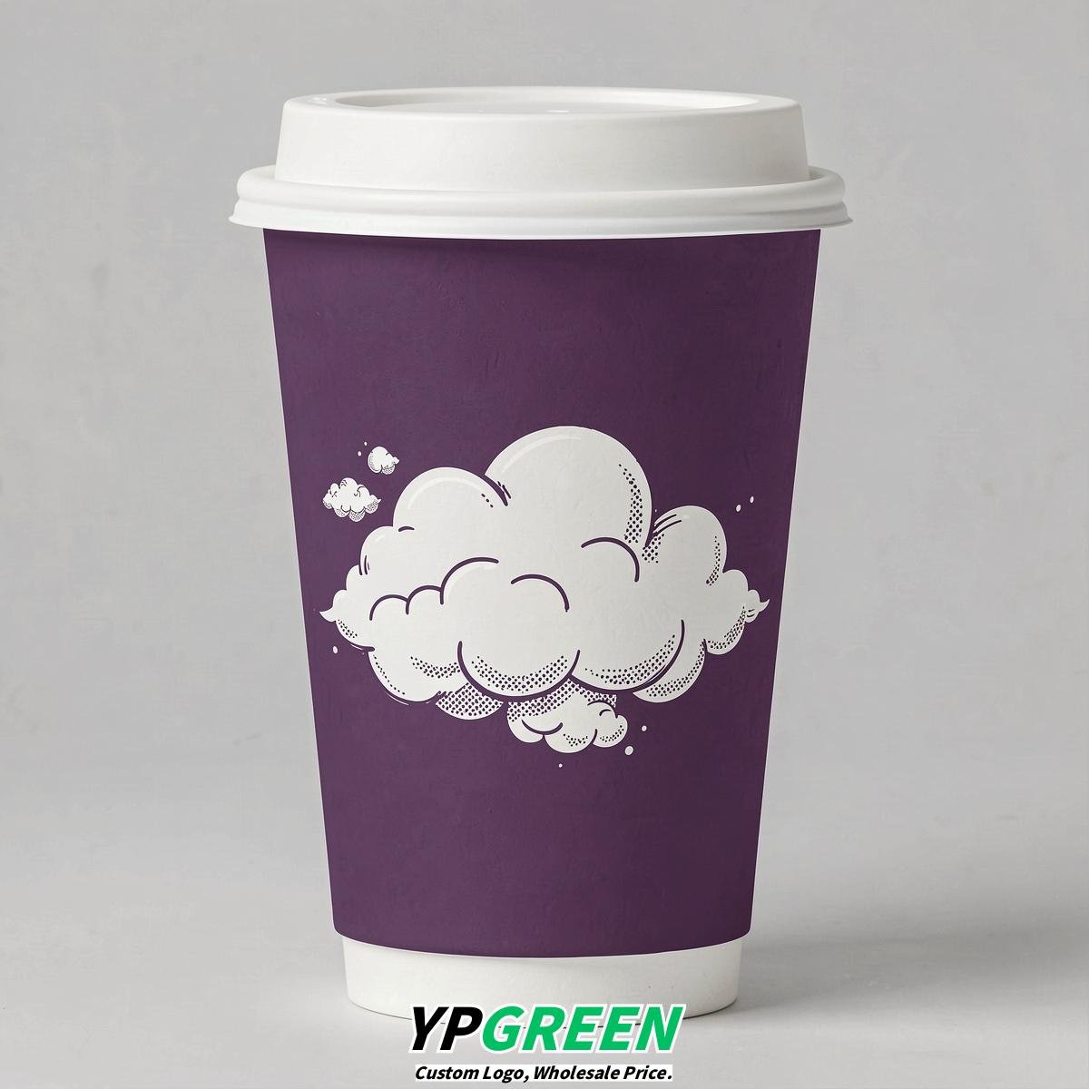 Plum Paper Cups with Clouds Logo & Lids 8-24oz