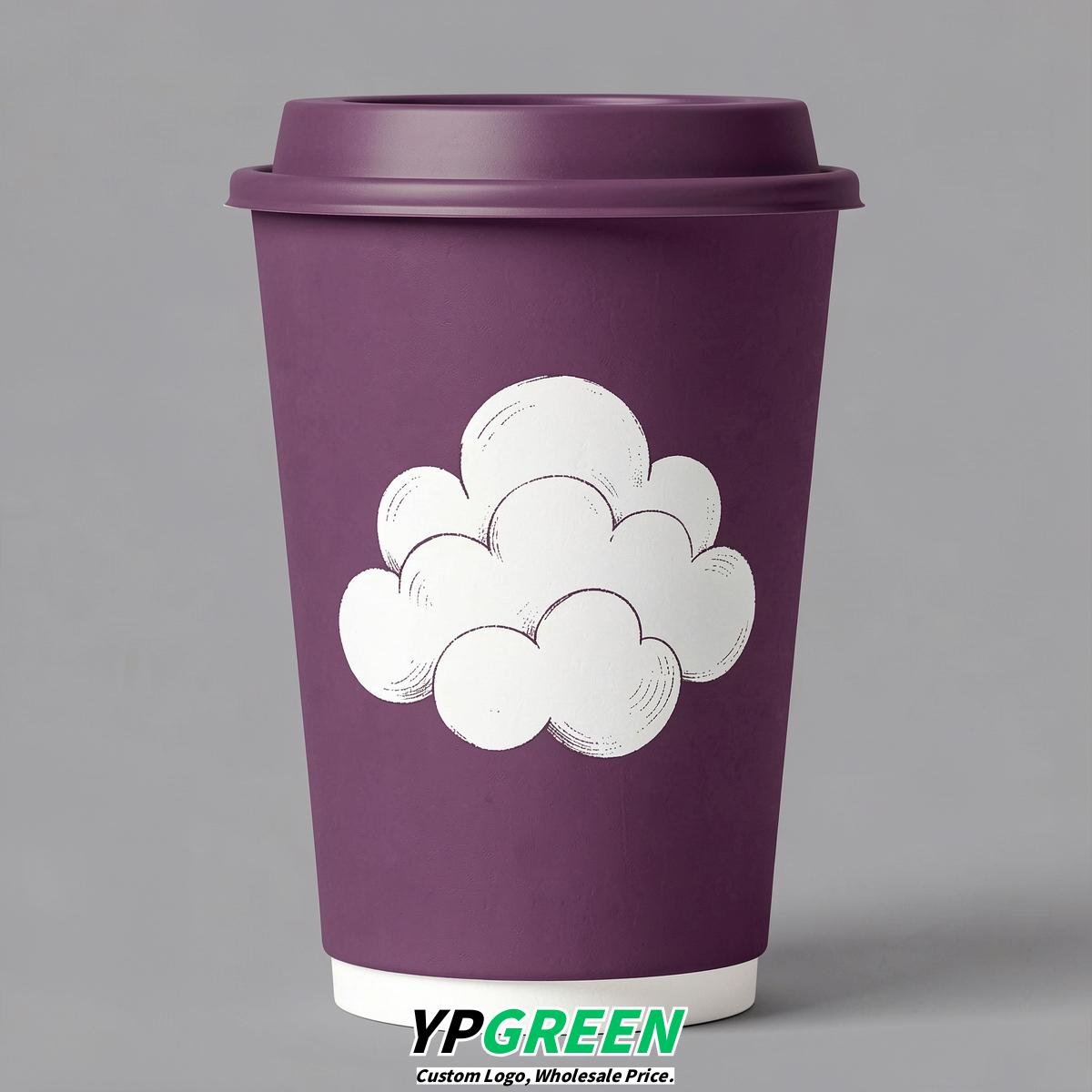 Plum Paper Cups with Clouds Logo & Lids 8-24oz