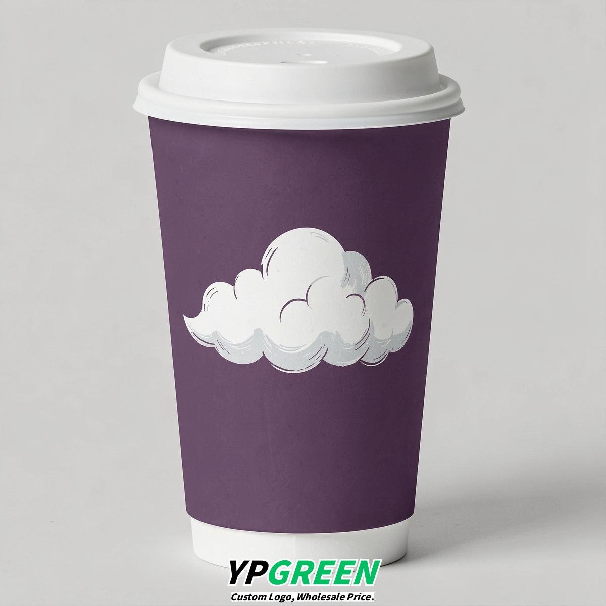 Plum Paper Cups with Clouds Logo & Lids 8-24oz