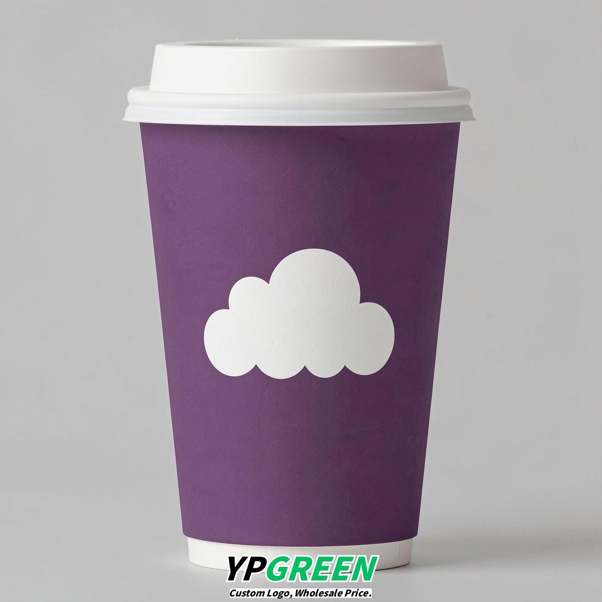 Plum Paper Cups with Clouds Logo & Lids 8-24oz