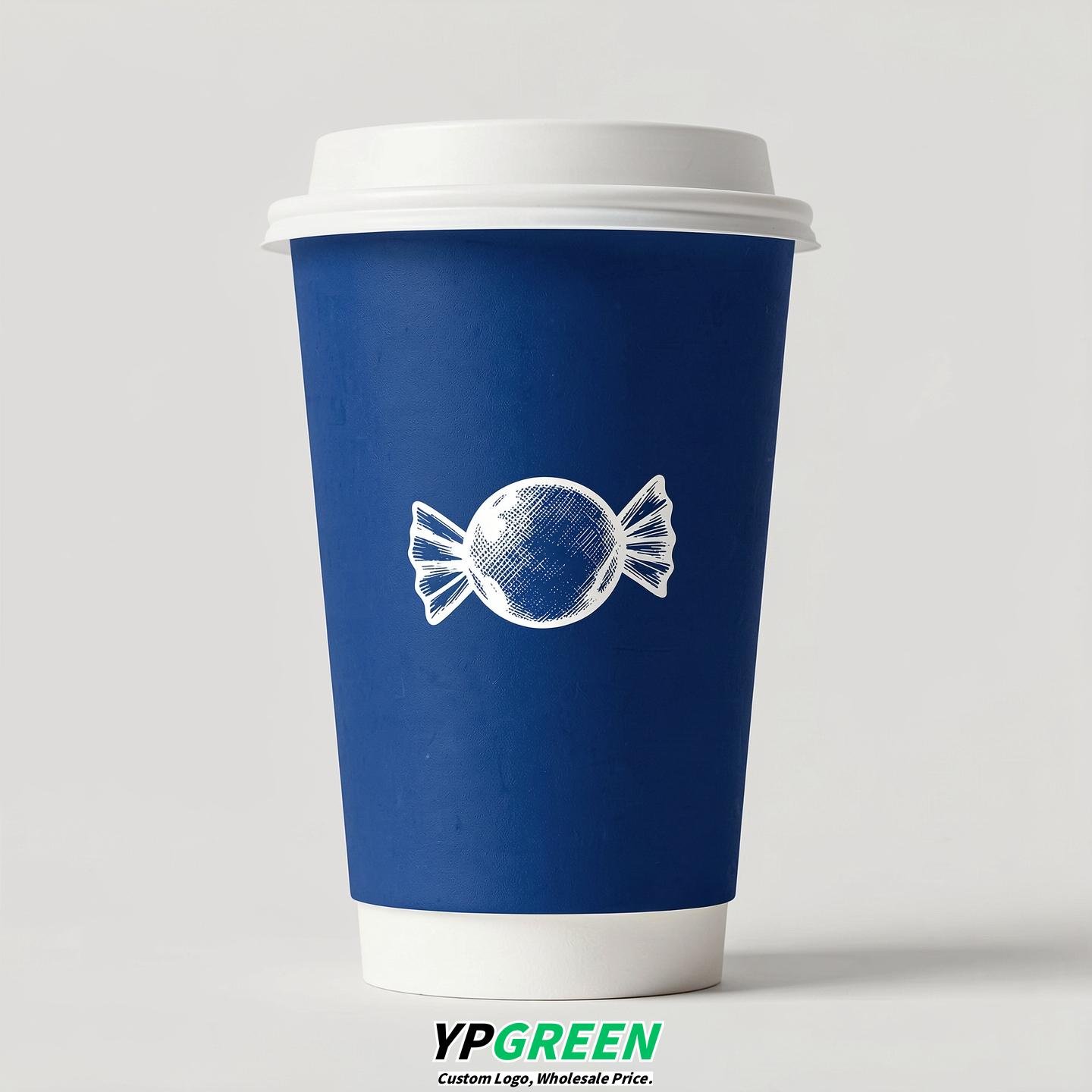 Prussian Blue Paper Cups with Candy Logo & Lids 8-24oz