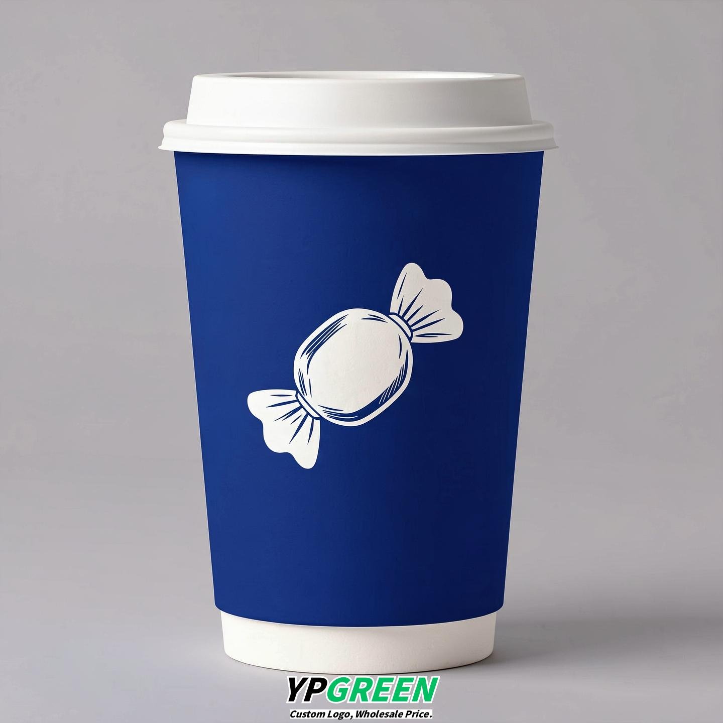 Prussian Blue Paper Cups with Candy Logo & Lids 8-24oz