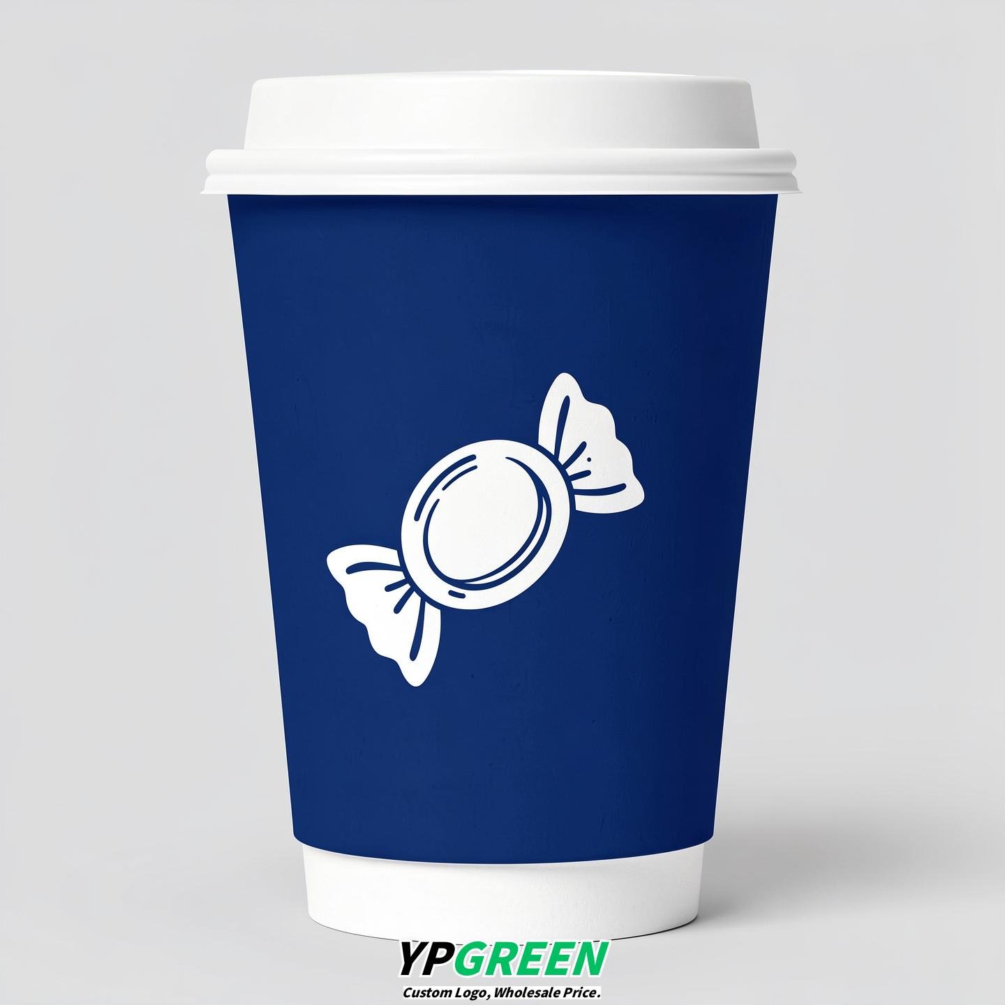 Prussian Blue Paper Cups with Candy Logo & Lids 8-24oz
