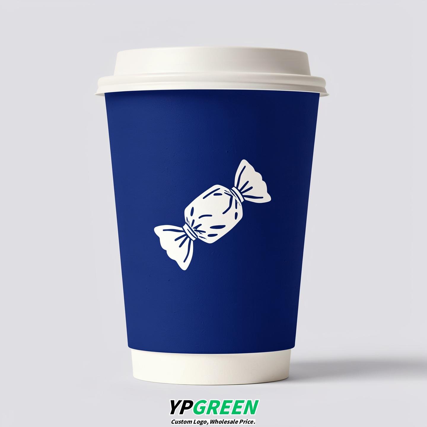 Prussian Blue Paper Cups with Candy Logo & Lids 8-24oz