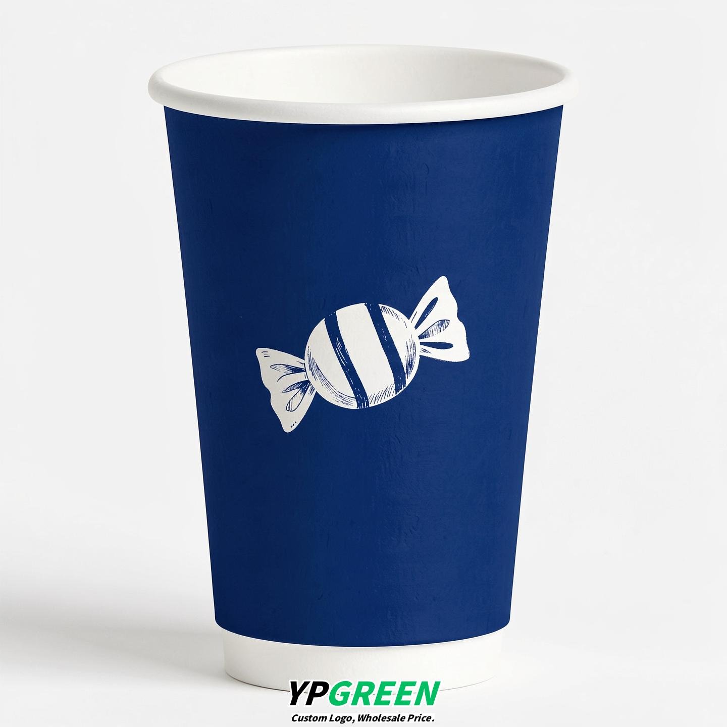 Prussian Blue Paper Cups with Candy Logo & Lids 8-24oz