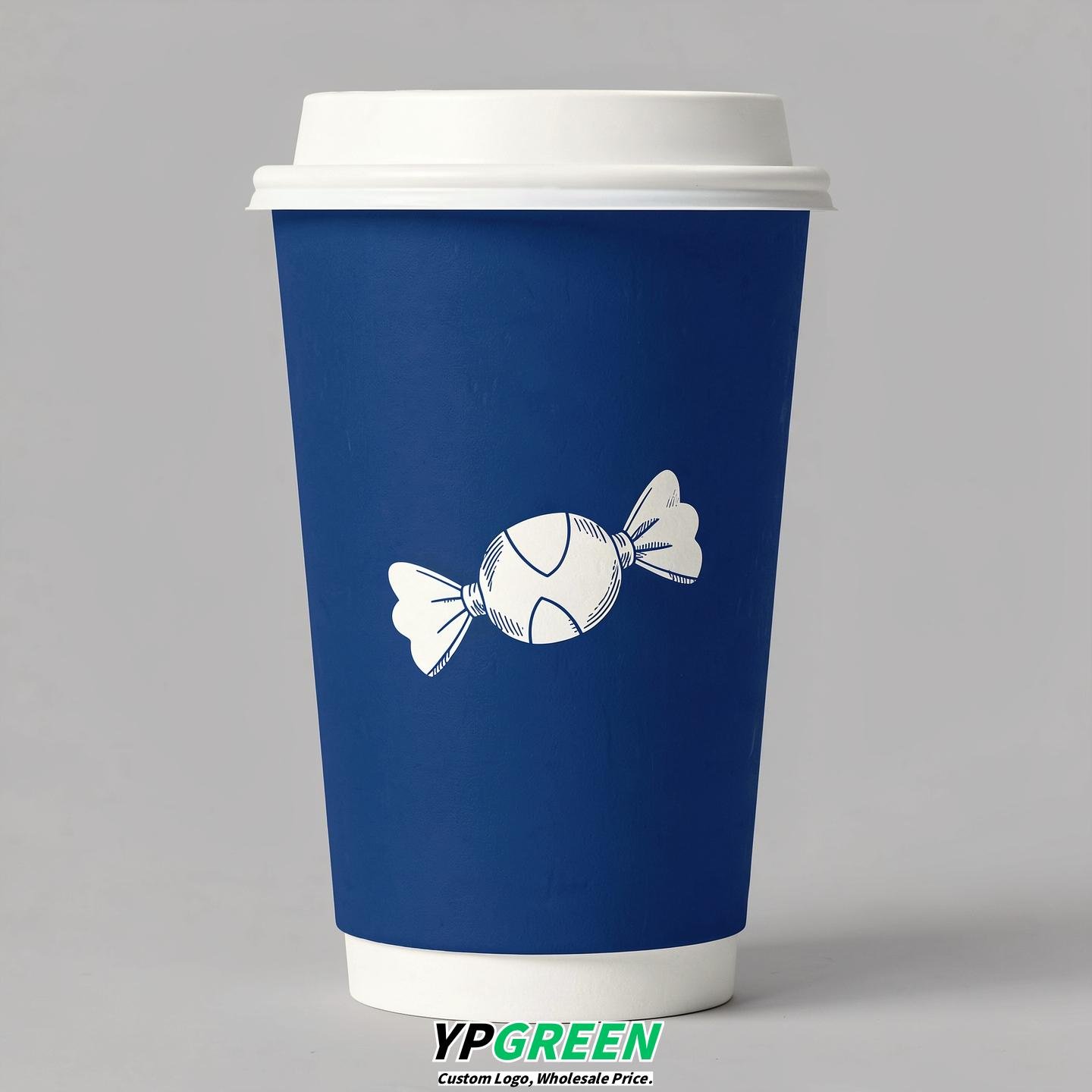Prussian Blue Paper Cups with Candy Logo & Lids 8-24oz