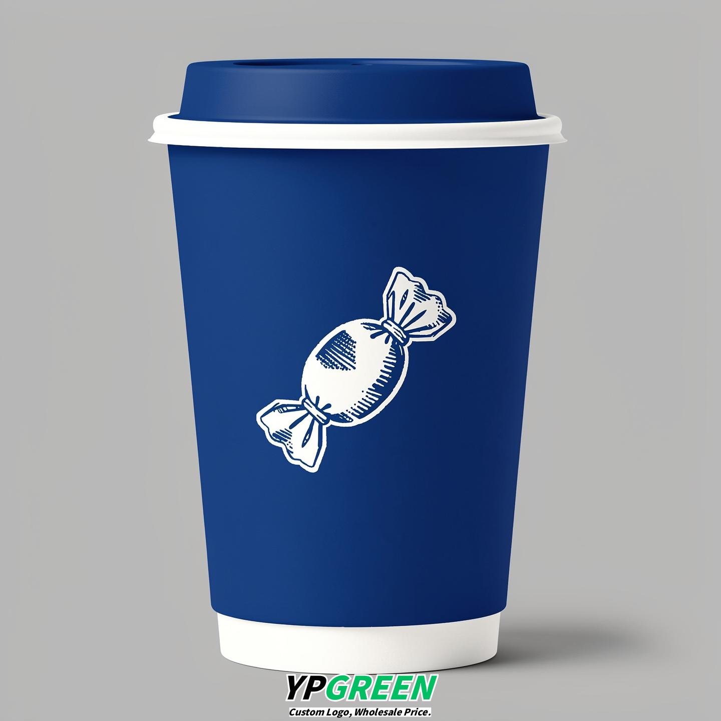 Prussian Blue Paper Cups with Candy Logo & Lids 8-24oz