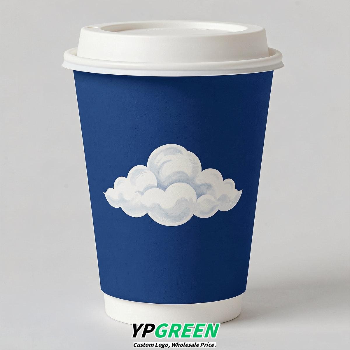Prussian Blue Paper Cups with Clouds Logo & Lids 8-24oz