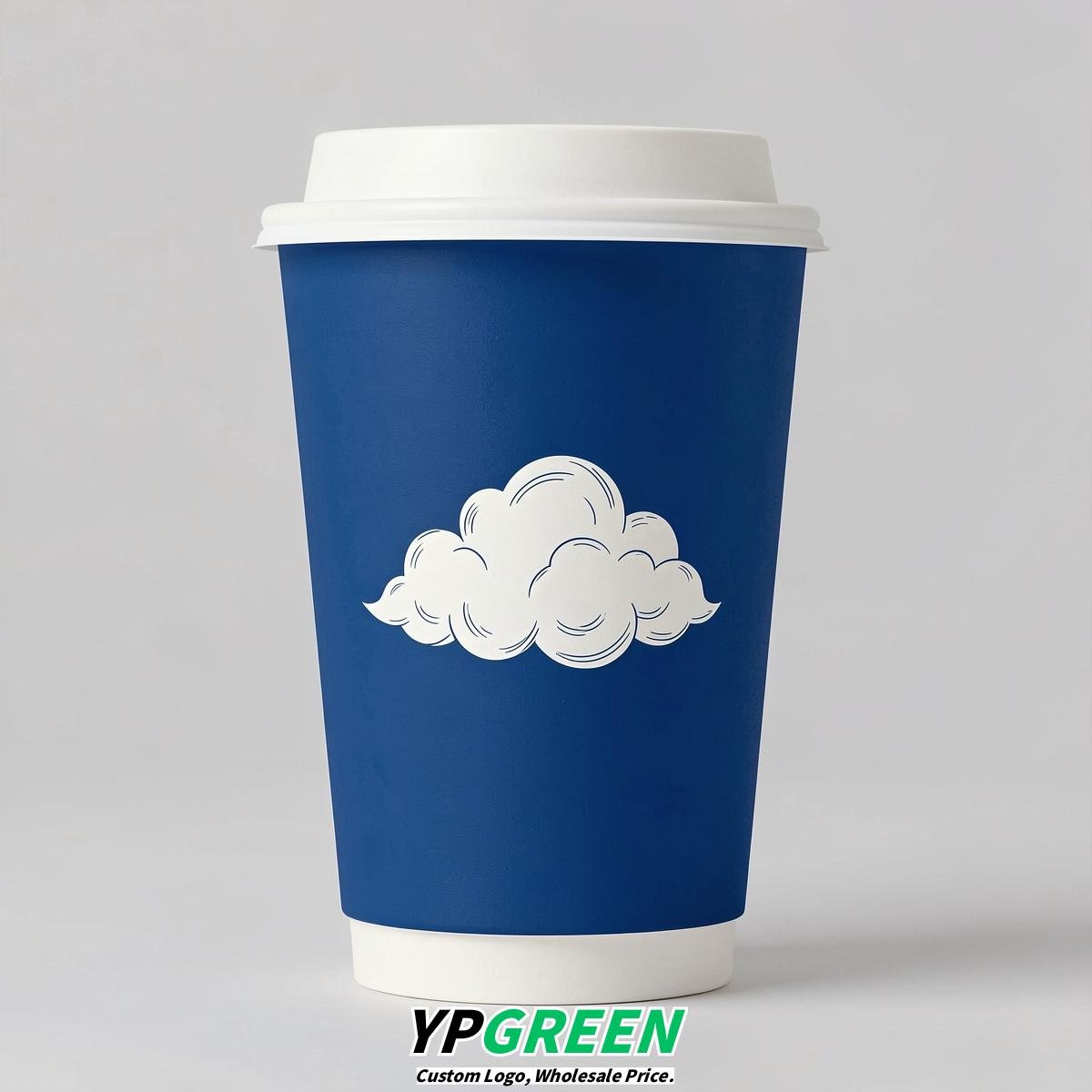 Prussian Blue Paper Cups with Clouds Logo & Lids 8-24oz