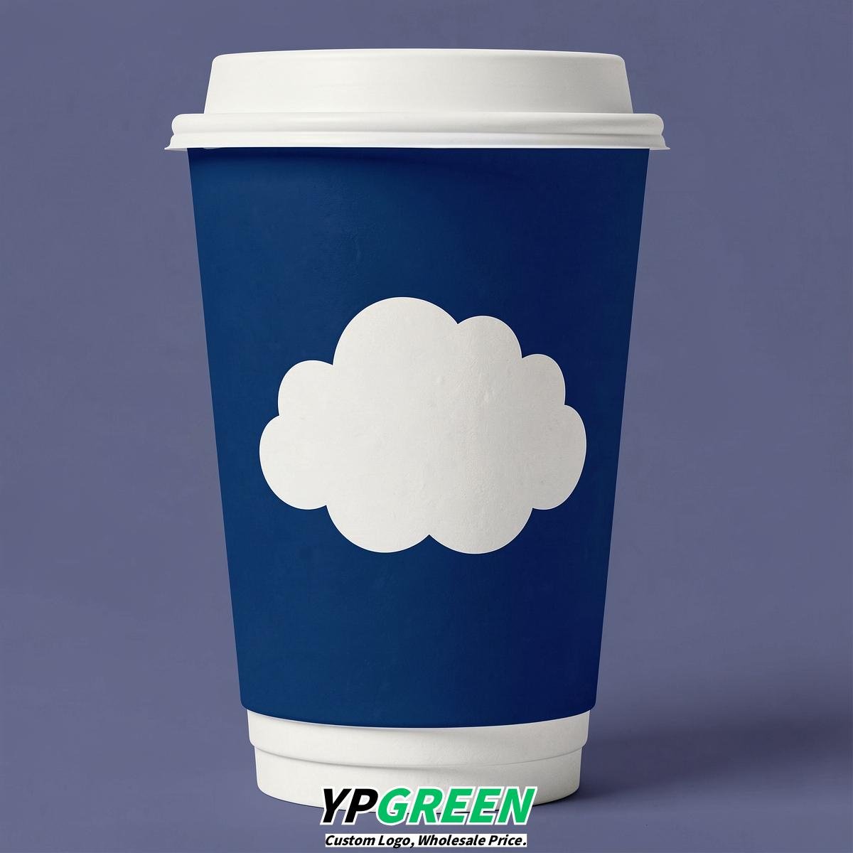 Prussian Blue Paper Cups with Clouds Logo & Lids 8-24oz