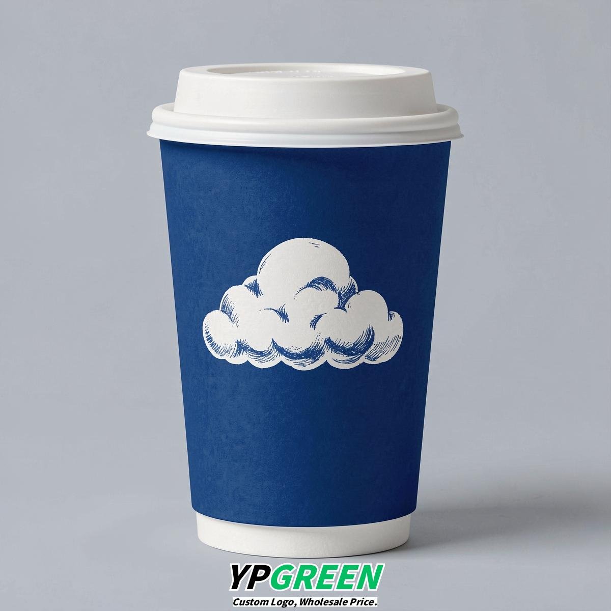 Prussian Blue Paper Cups with Clouds Logo & Lids 8-24oz