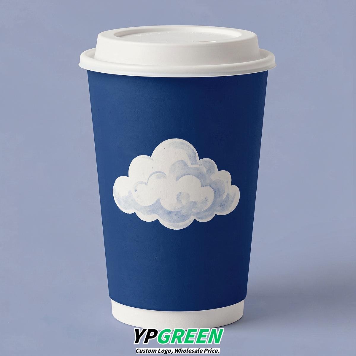 Prussian Blue Paper Cups with Clouds Logo & Lids 8-24oz