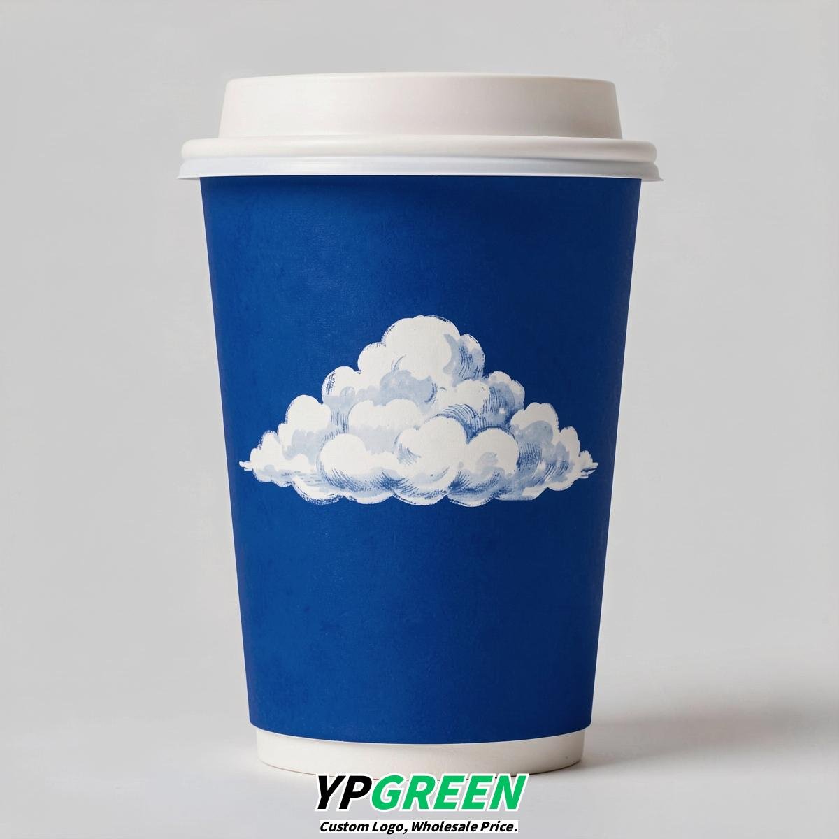 Prussian Blue Paper Cups with Clouds Logo & Lids 8-24oz