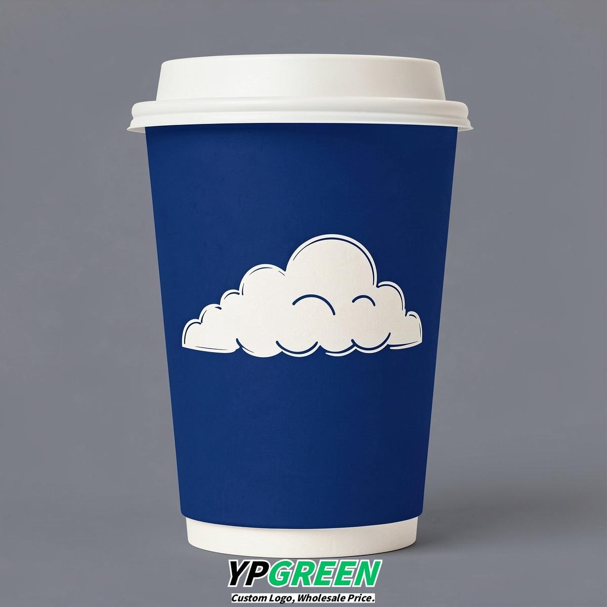 Prussian Blue Paper Cups with Clouds Logo & Lids 8-24oz