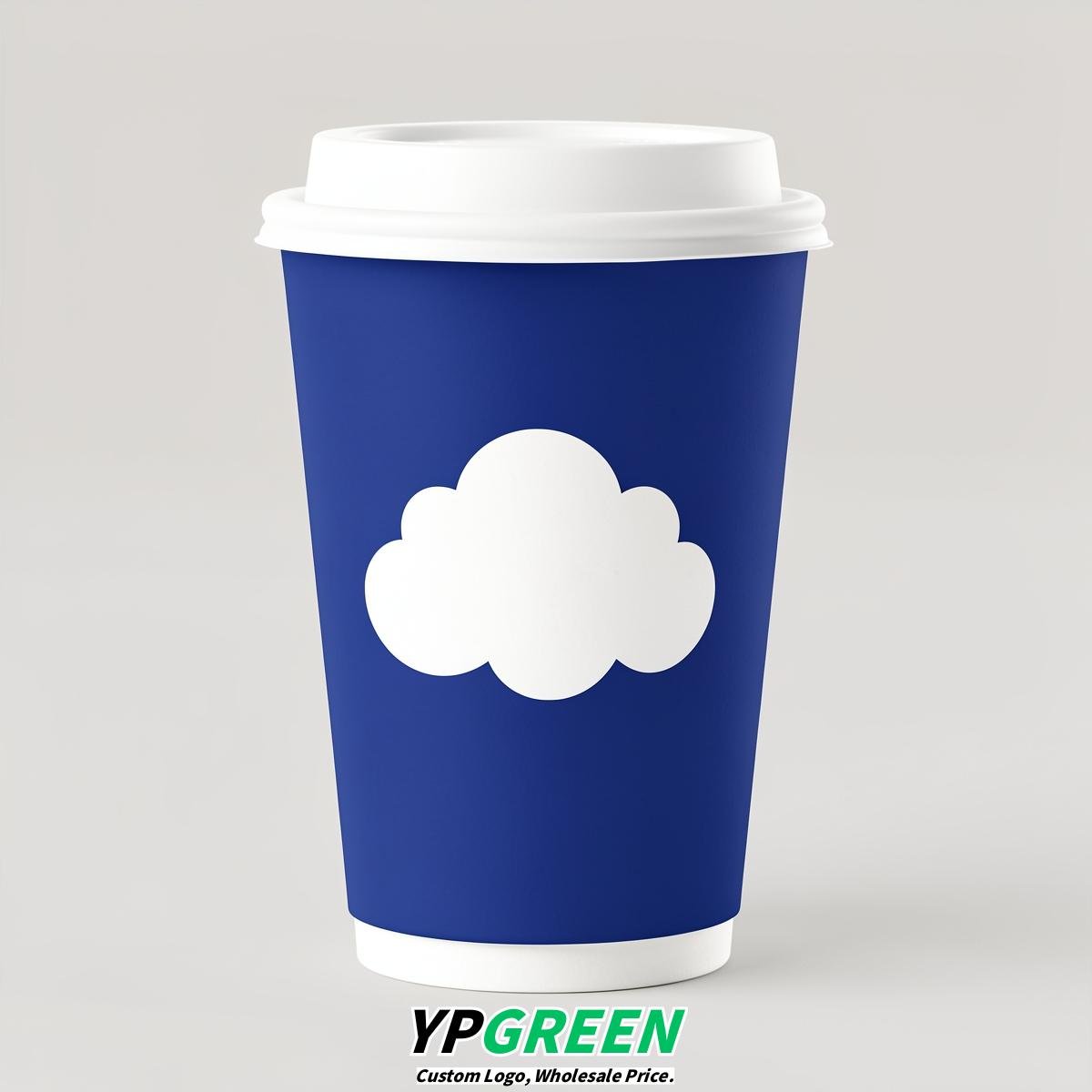 Prussian Blue Paper Cups with Clouds Logo & Lids 8-24oz