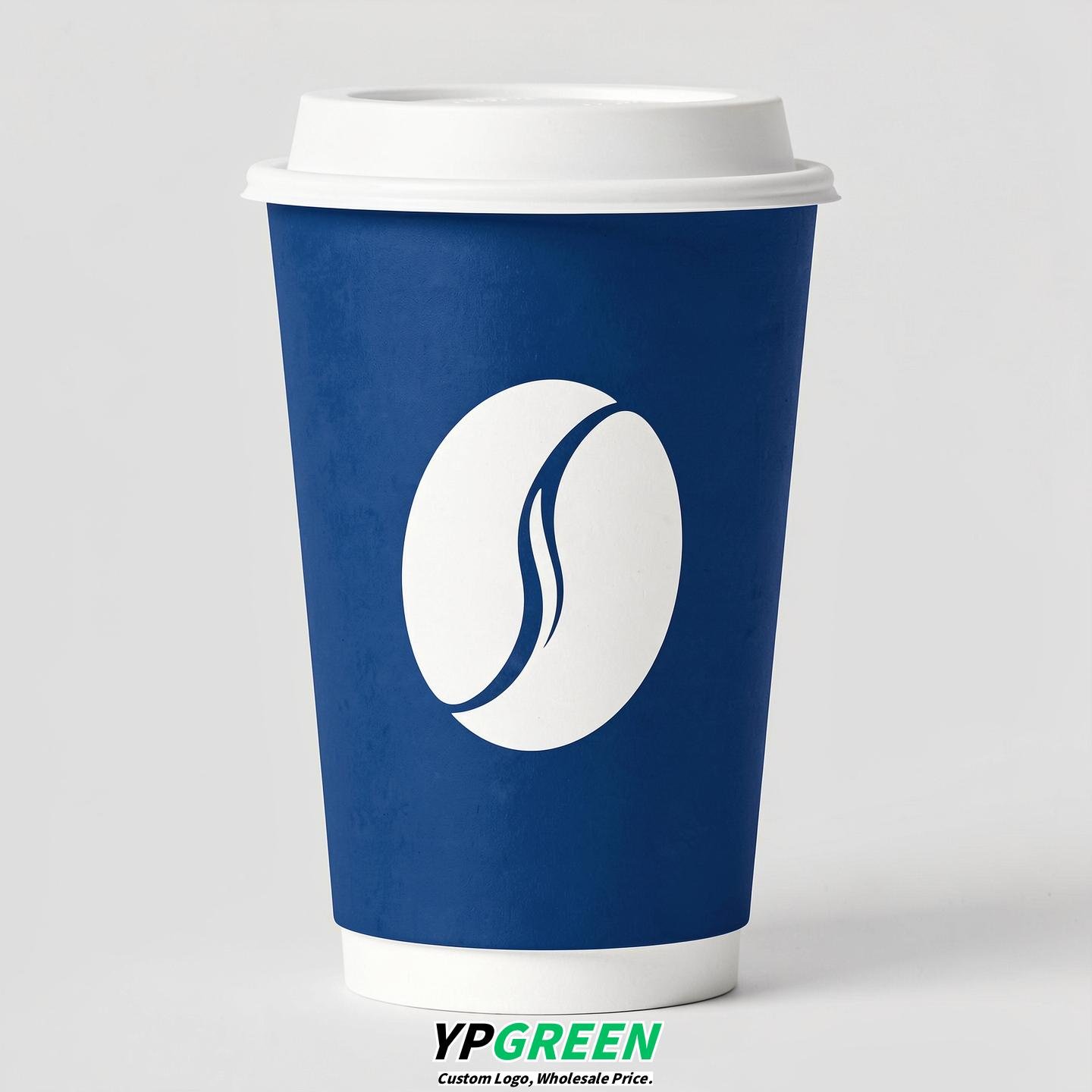 Prussian Blue Paper Cups with Coffee Bean Logo & Lids 8-24oz