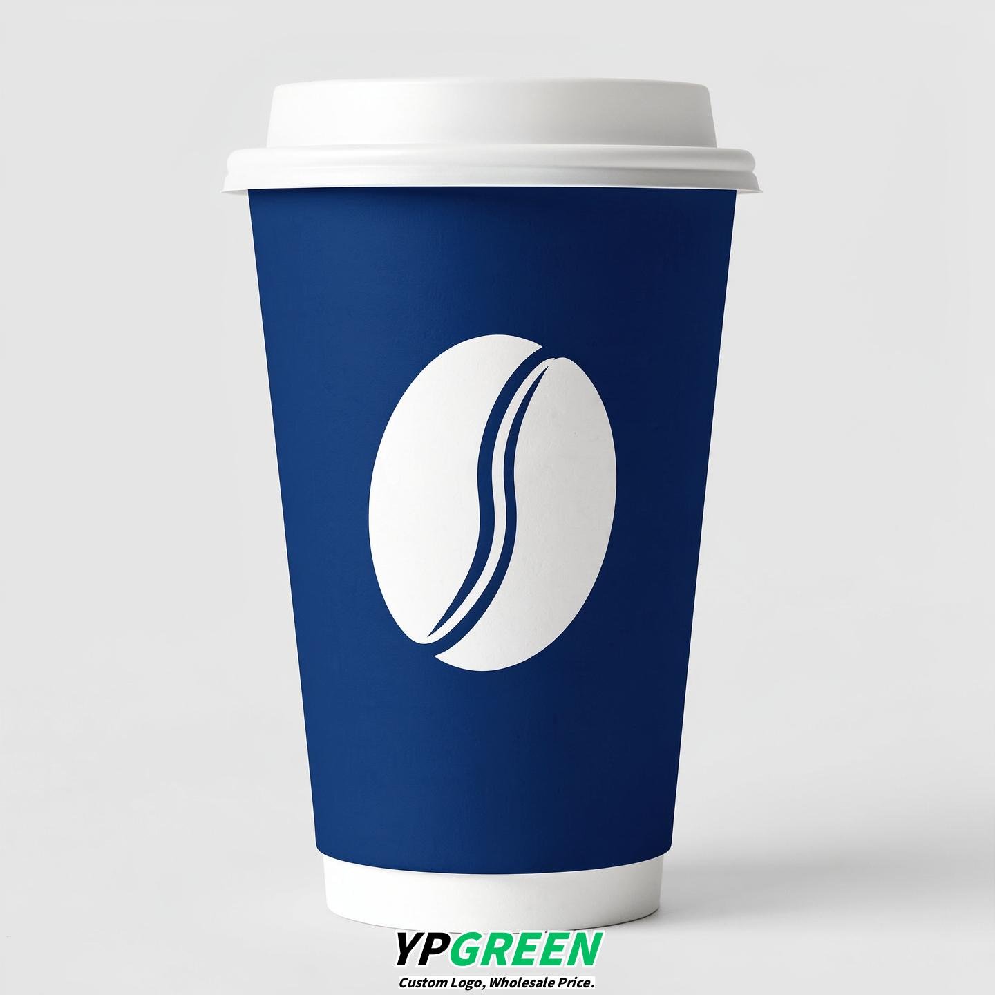 Prussian Blue Paper Cups with Coffee Bean Logo & Lids 8-24oz