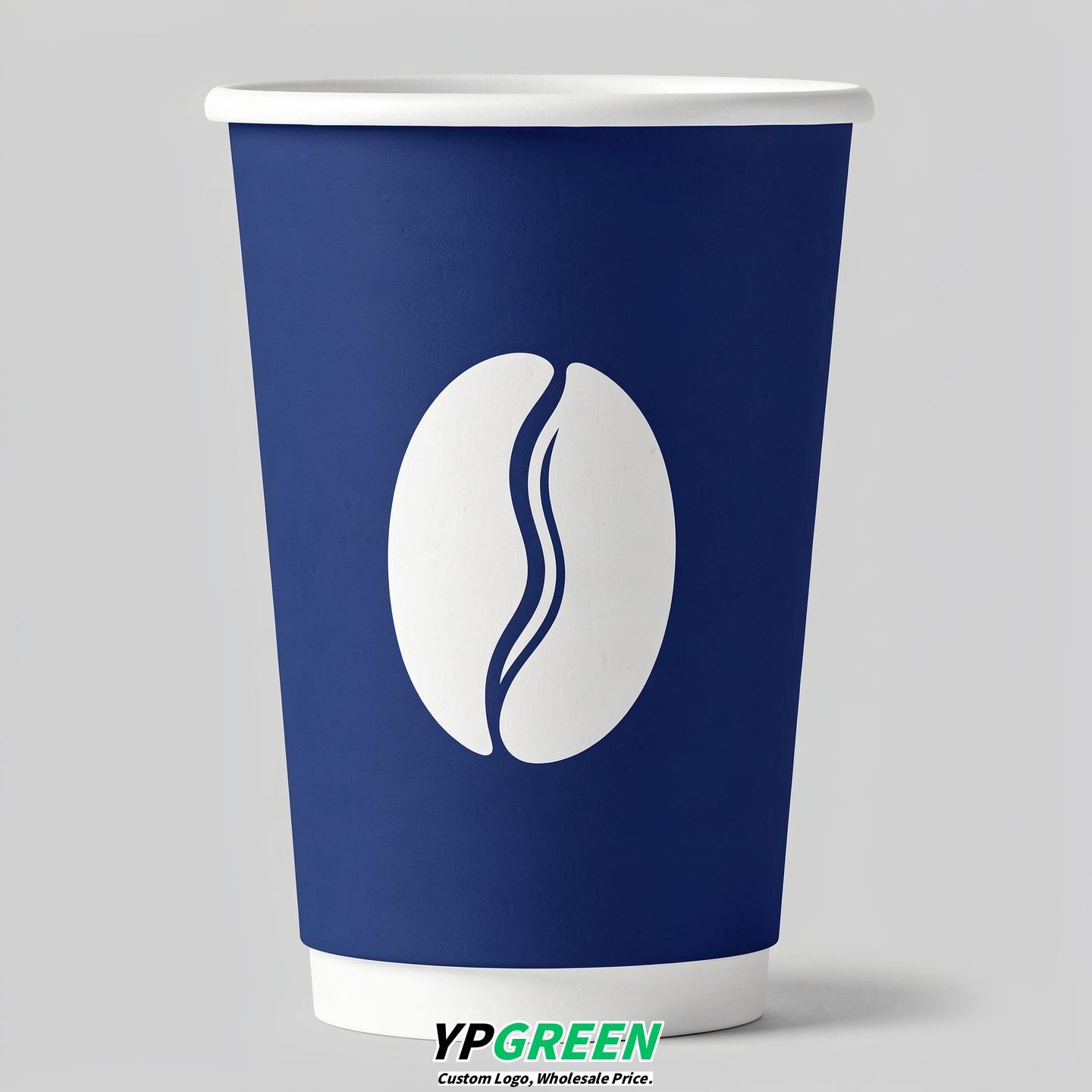 Prussian Blue Paper Cups with Coffee Bean Logo & Lids 8-24oz