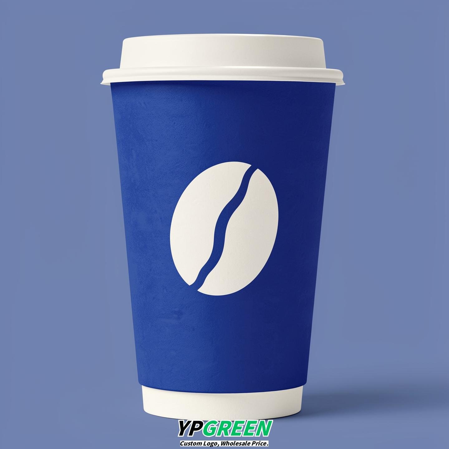 Prussian Blue Paper Cups with Coffee Bean Logo & Lids 8-24oz