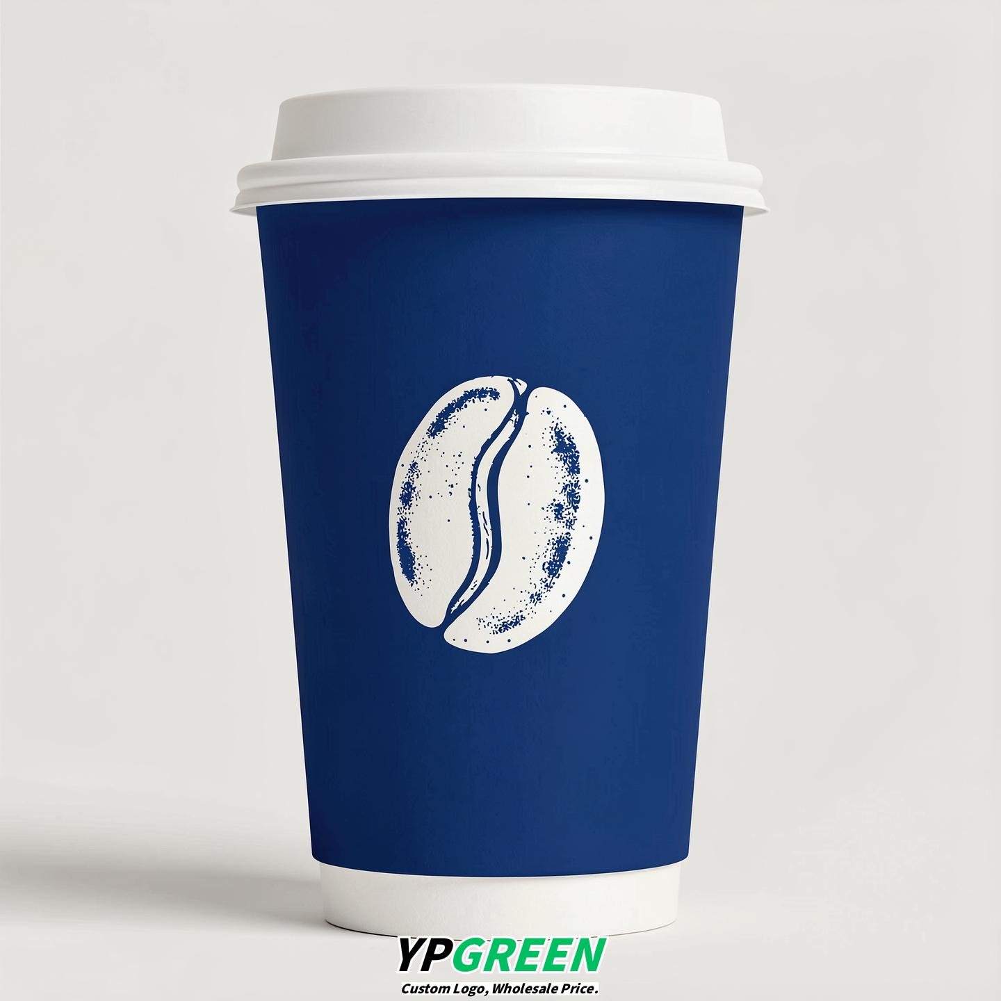 Prussian Blue Paper Cups with Coffee Bean Logo & Lids 8-24oz