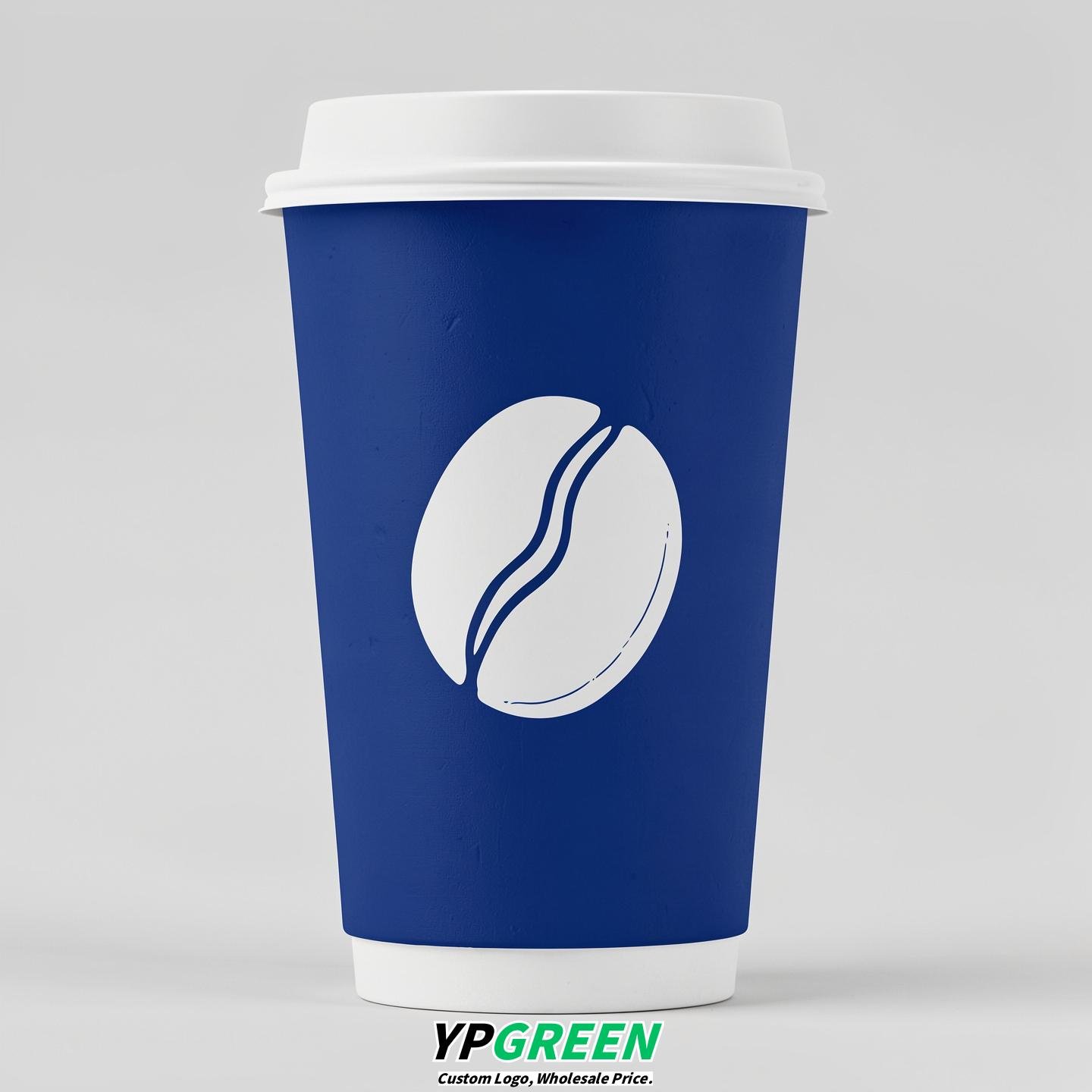 Prussian Blue Paper Cups with Coffee Bean Logo & Lids 8-24oz