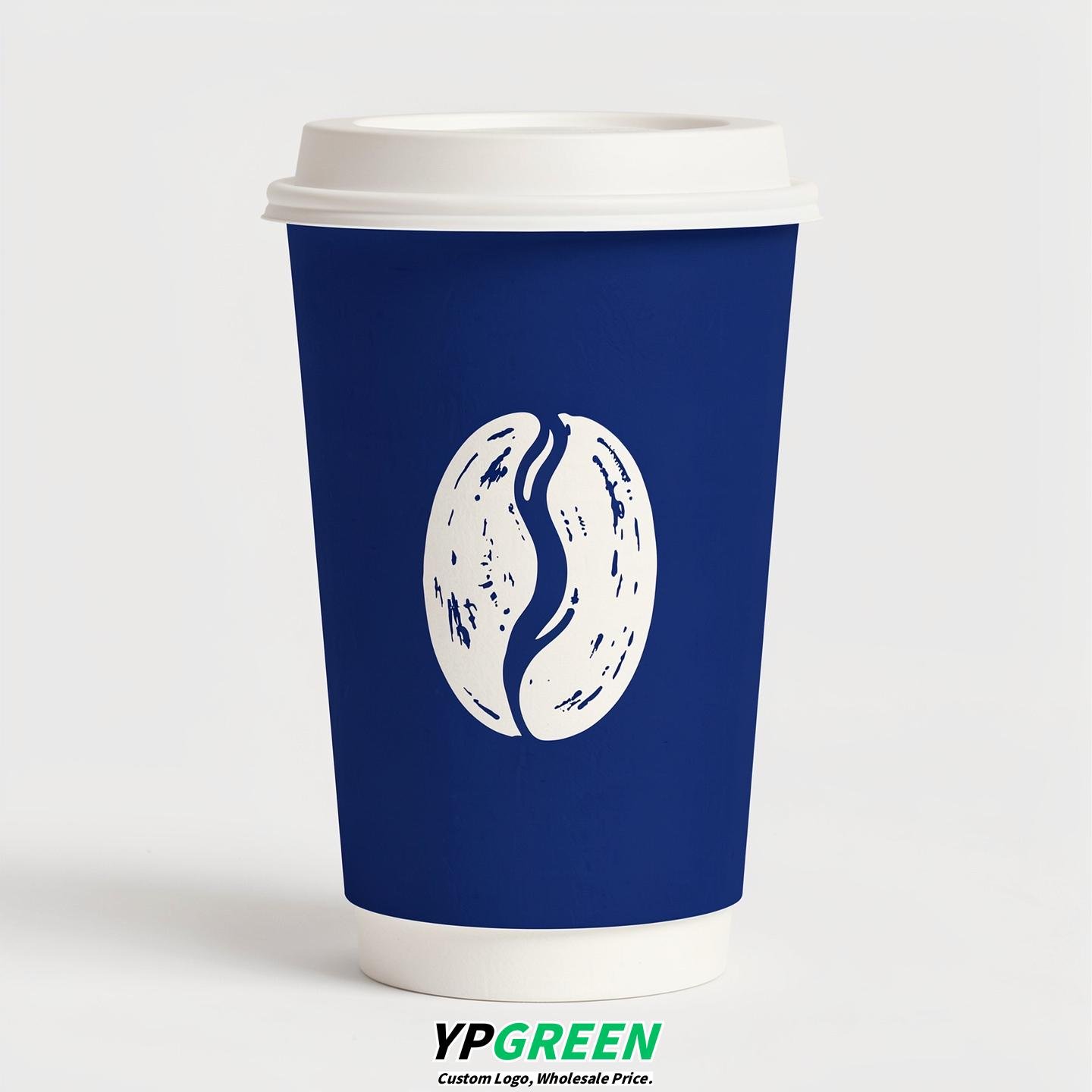 Prussian Blue Paper Cups with Coffee Bean Logo & Lids 8-24oz