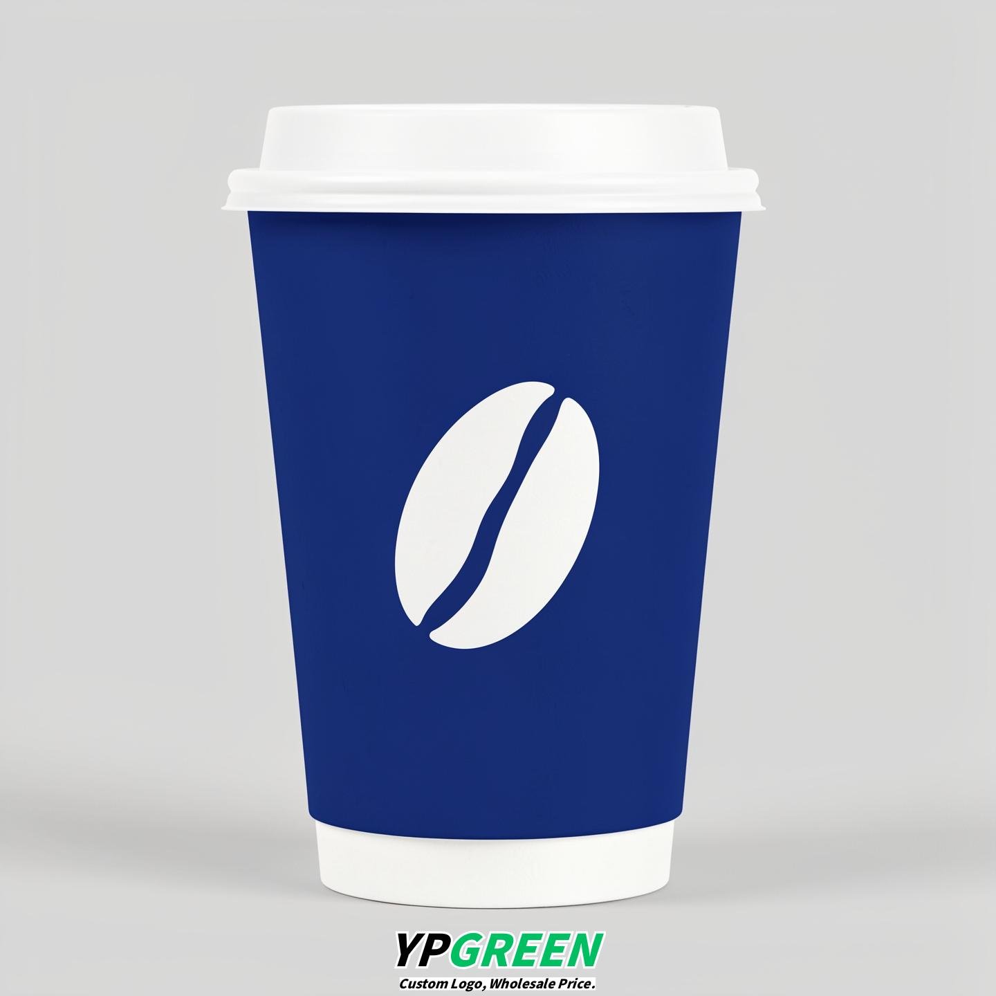 Prussian Blue Paper Cups with Coffee Bean Logo & Lids 8-24oz