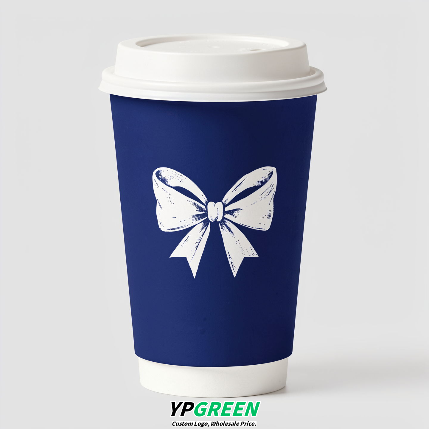 Prussian Blue Paper Cups with Bow Logo & Lids 8-24oz