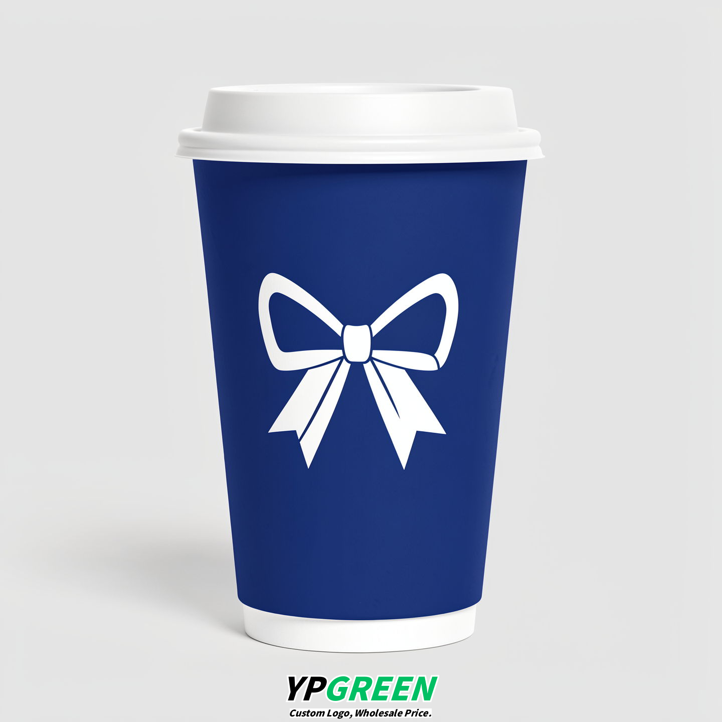 Prussian Blue Paper Cups with Bow Logo & Lids 8-24oz