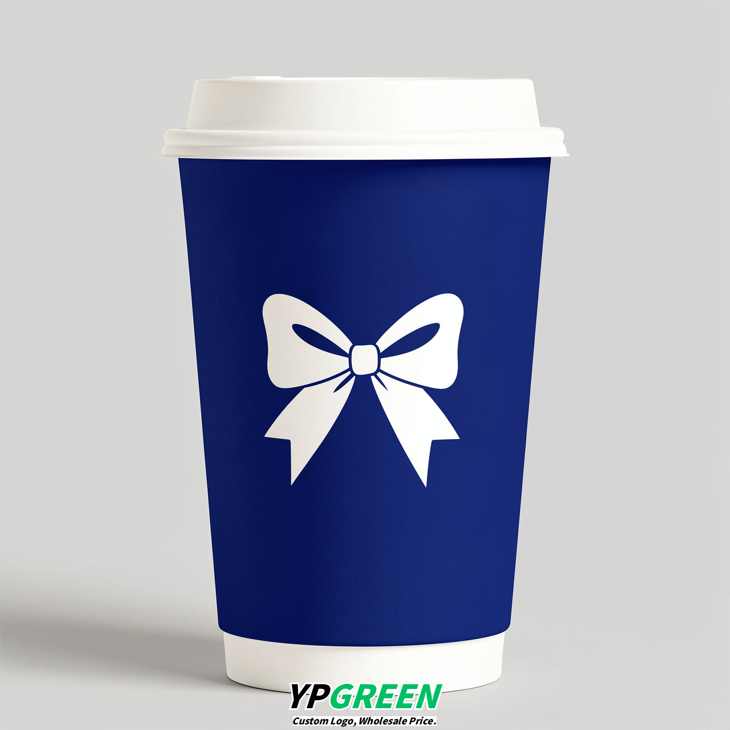 Prussian Blue Paper Cups with Bow Logo & Lids 8-24oz