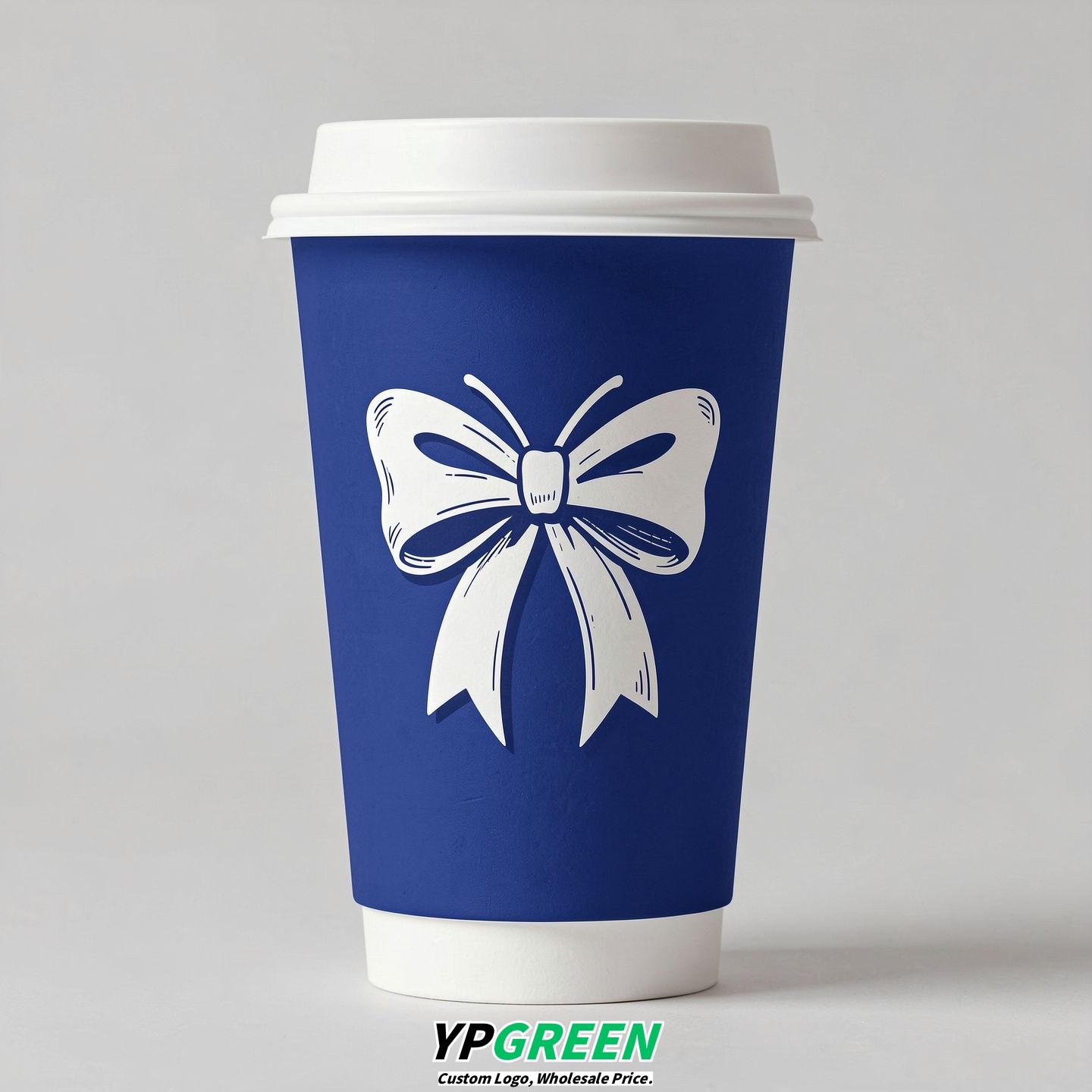Prussian Blue Paper Cups with Bow Logo & Lids 8-24oz