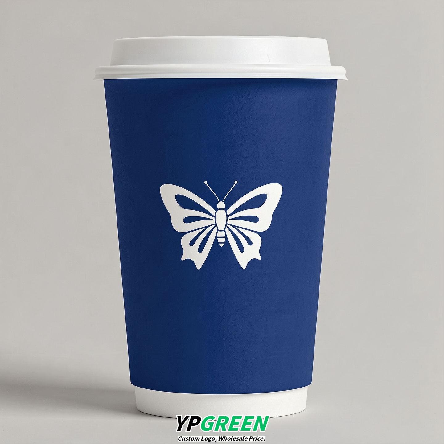Prussian Blue Paper Cups with Bow Logo & Lids 8-24oz