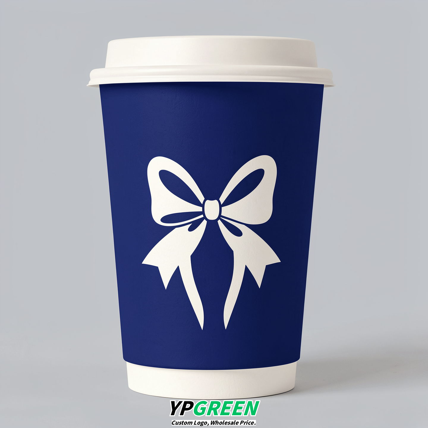 Prussian Blue Paper Cups with Bow Logo & Lids 8-24oz